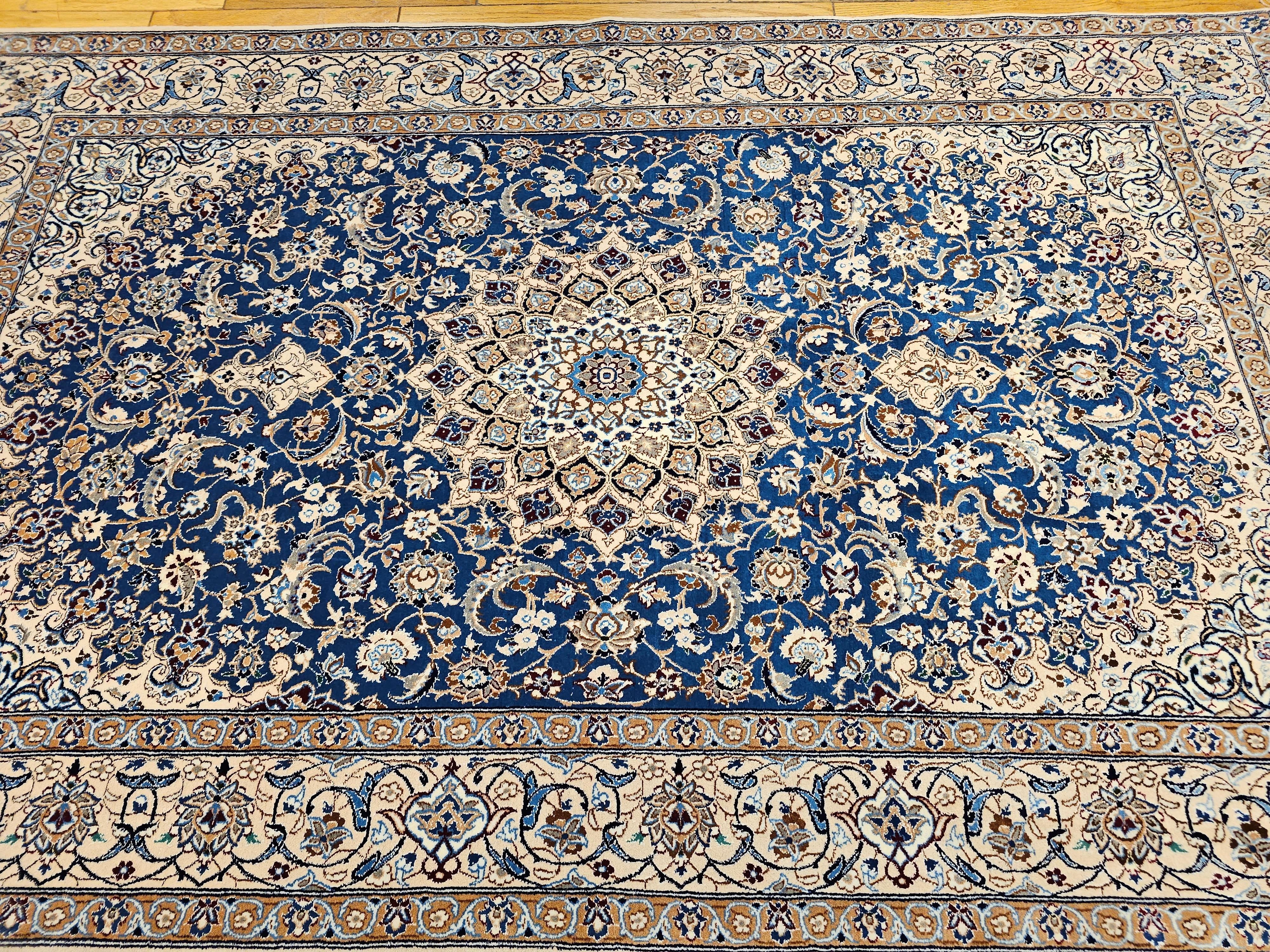 Vintage Persian Nain in Floral Pattern with Silk in French Blue, Cream, Caramel For Sale 9