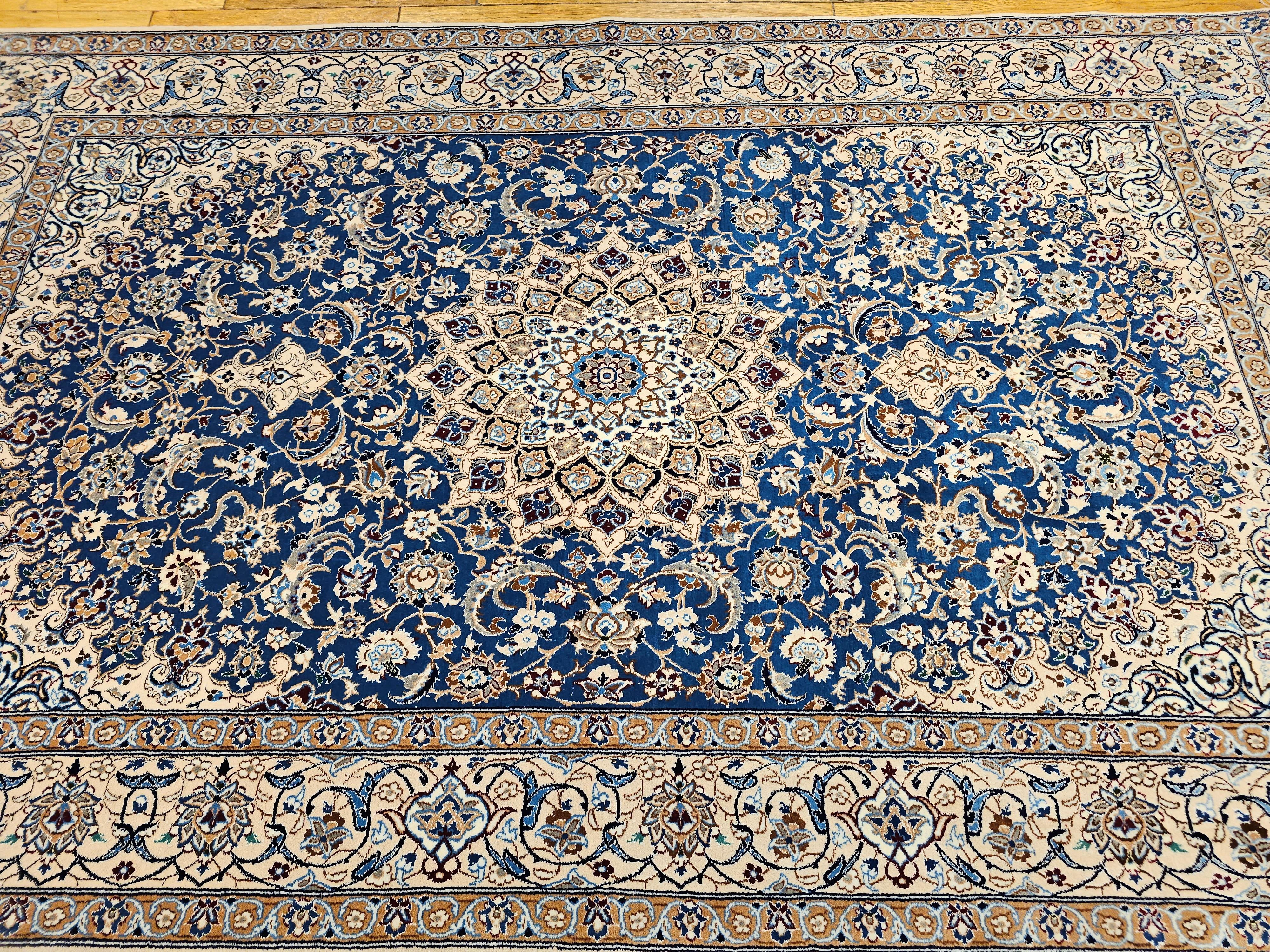 Vintage Persian Nain in Floral Pattern with Silk in French Blue, Cream, Caramel For Sale 8