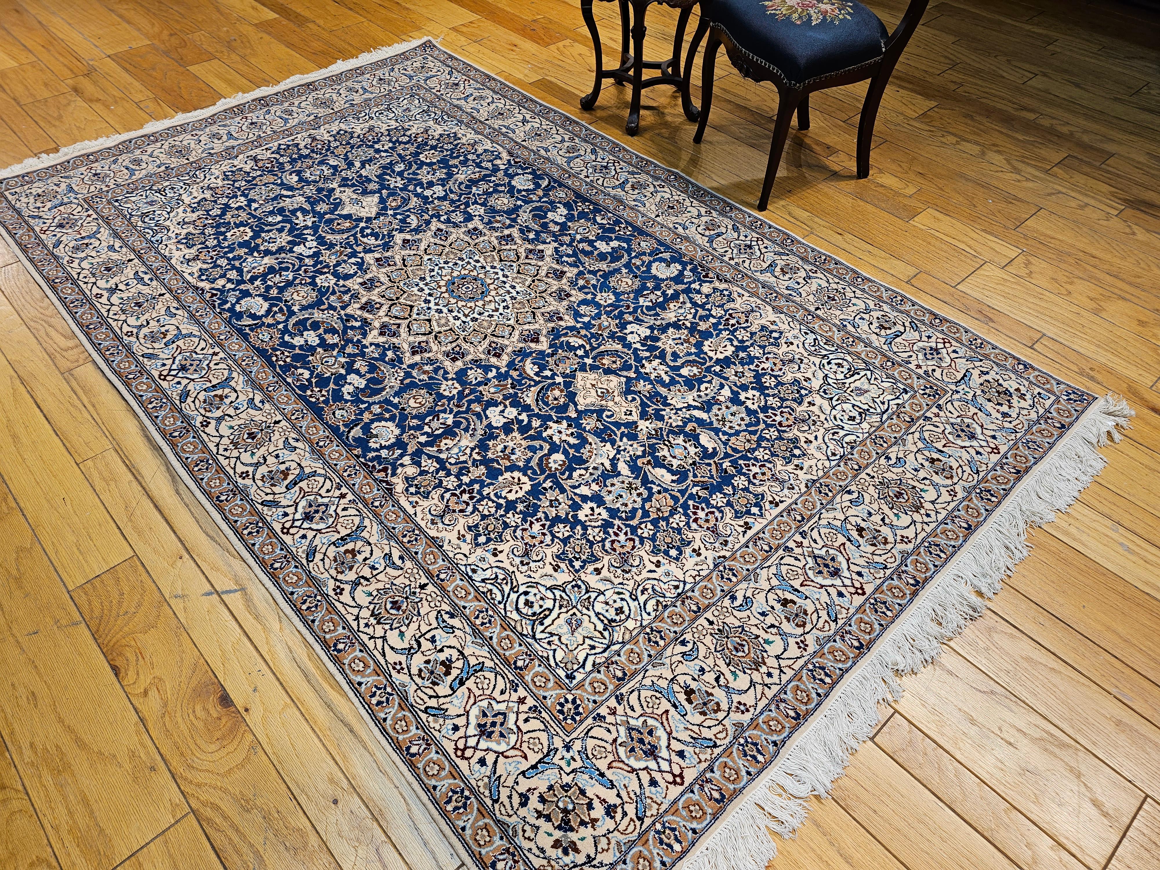 Vintage Persian Nain in Floral Pattern with Silk in French Blue, Cream, Caramel For Sale 9