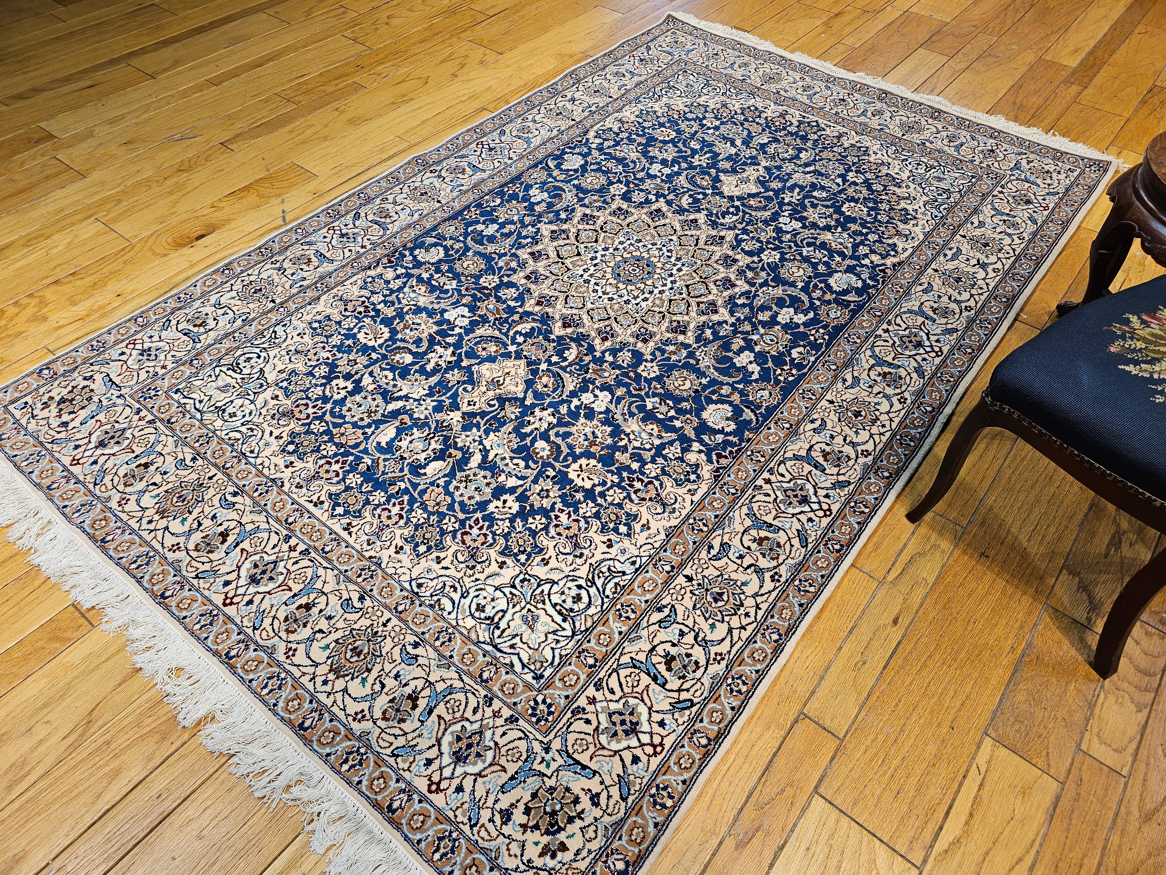 Vintage Persian Nain in Floral Pattern with Silk in French Blue, Cream, Caramel For Sale 10