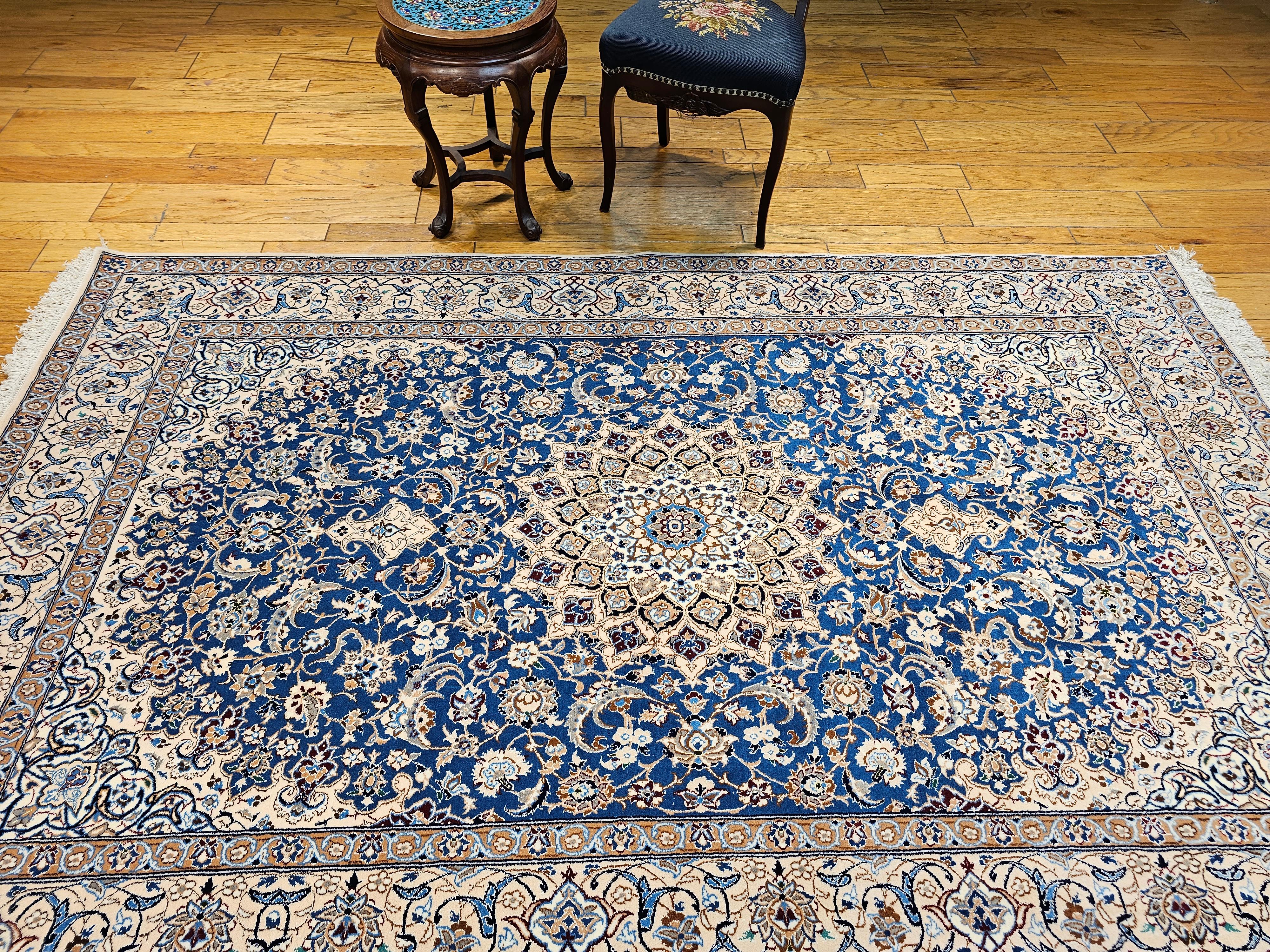 Vintage Persian Nain in Floral Pattern with Silk in French Blue, Cream, Caramel For Sale 11
