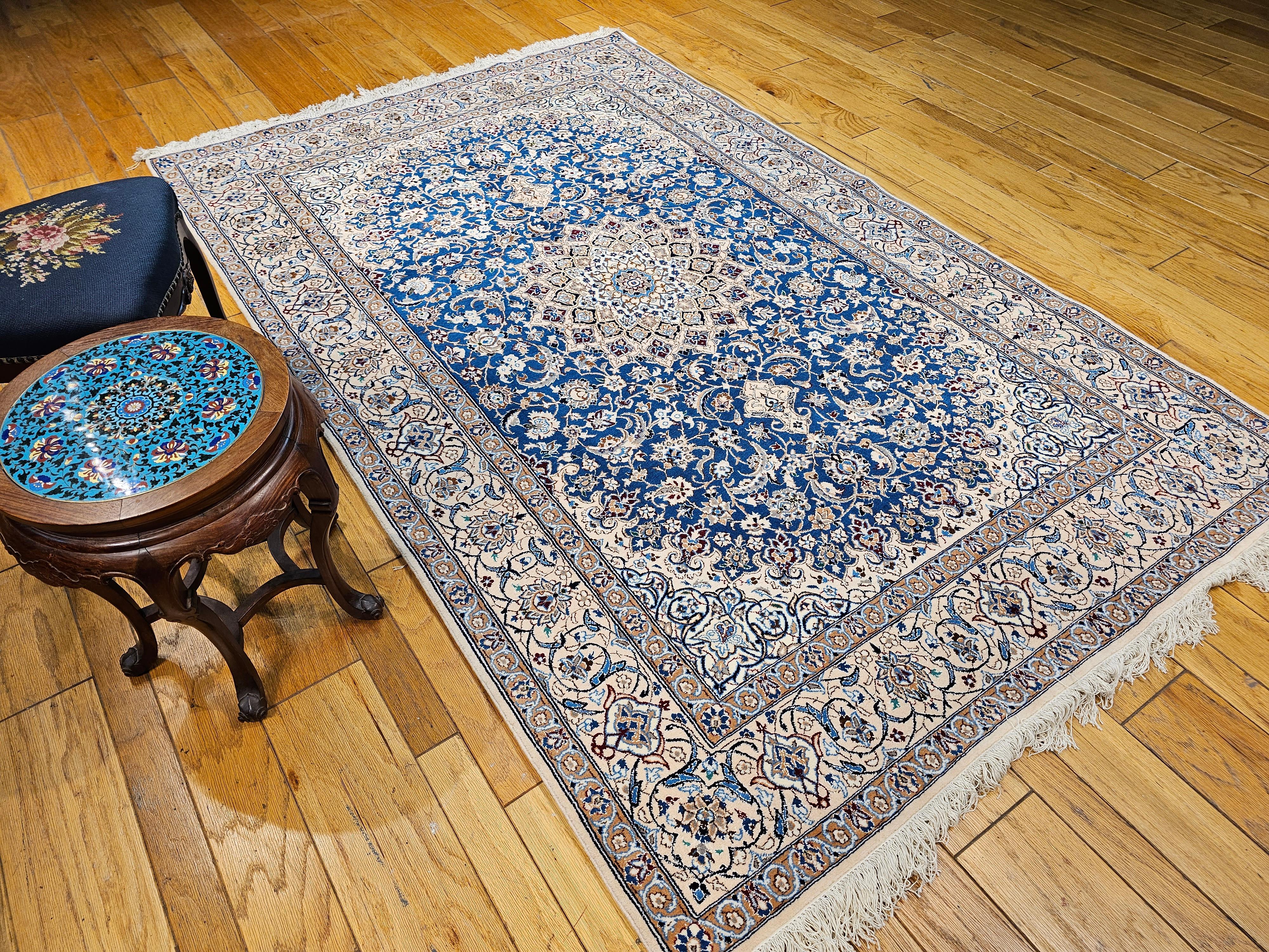Vintage Persian Nain in Floral Pattern with Silk in French Blue, Cream, Caramel For Sale 13