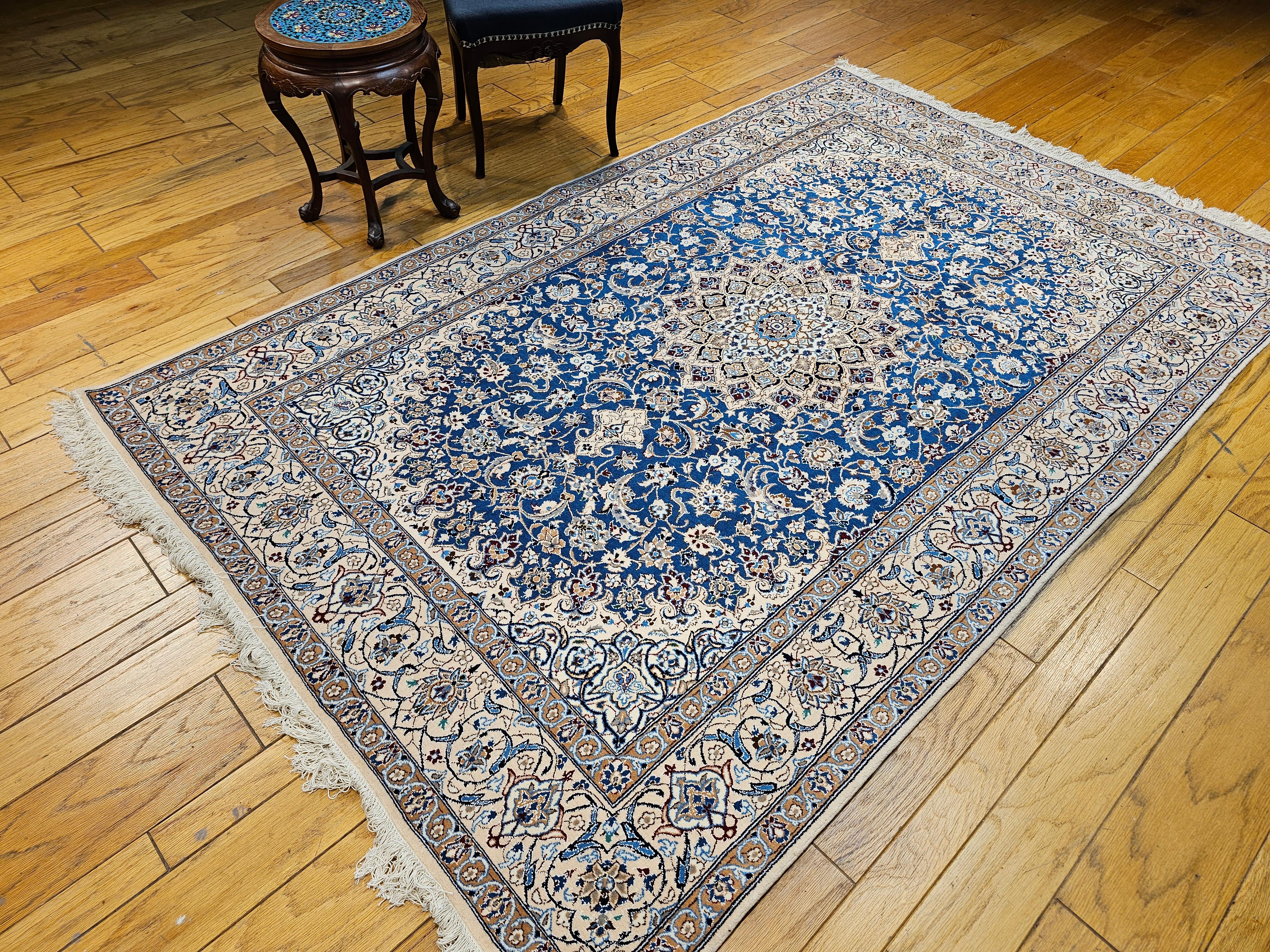 Vintage Persian Nain in Floral Pattern with Silk in French Blue, Cream, Caramel For Sale 14