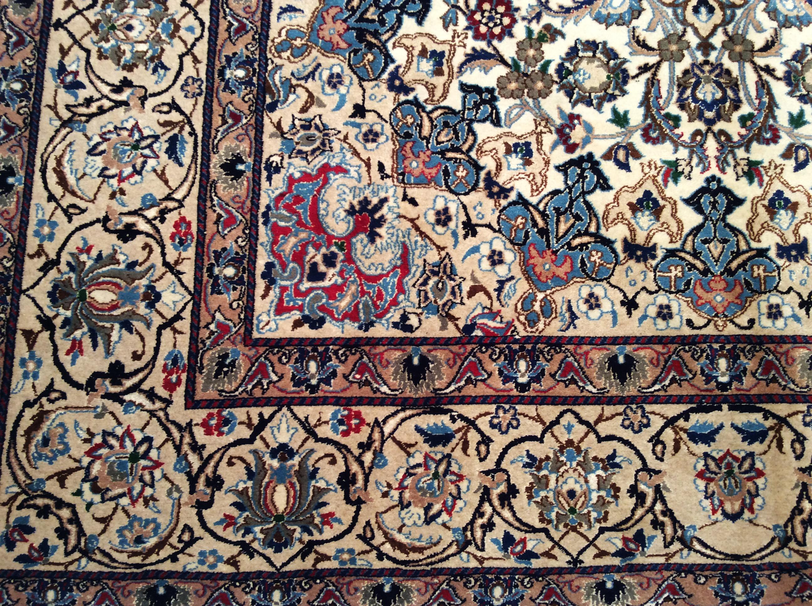 Vintage Persian Nain in Floral Pattern with Silk in Ivory, Pale Blue, Green, Red For Sale 1