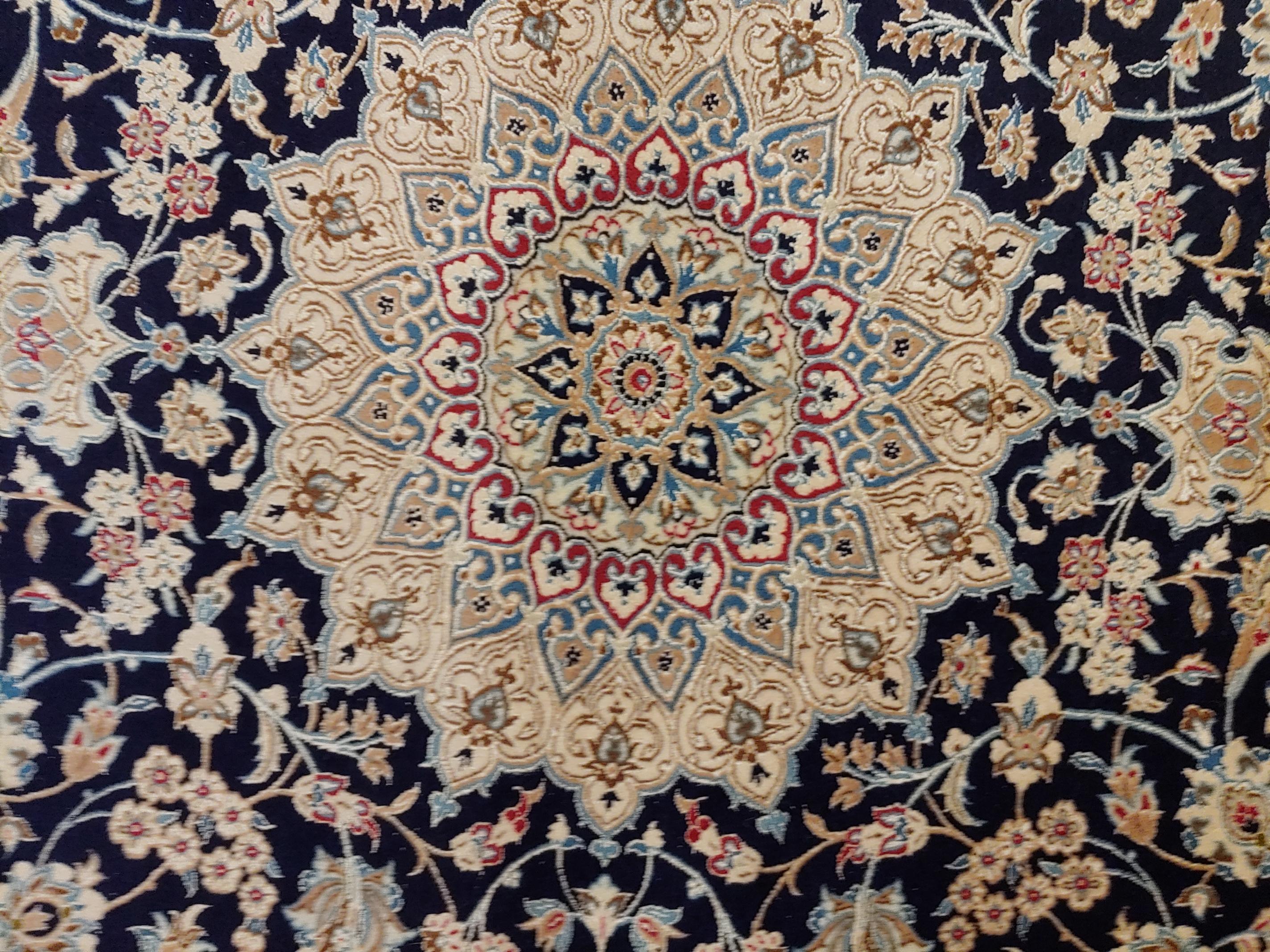 Woven Vintage Persian Nain, Navy Field with Medallion, Wool on Linen with Silk, 1970 For Sale