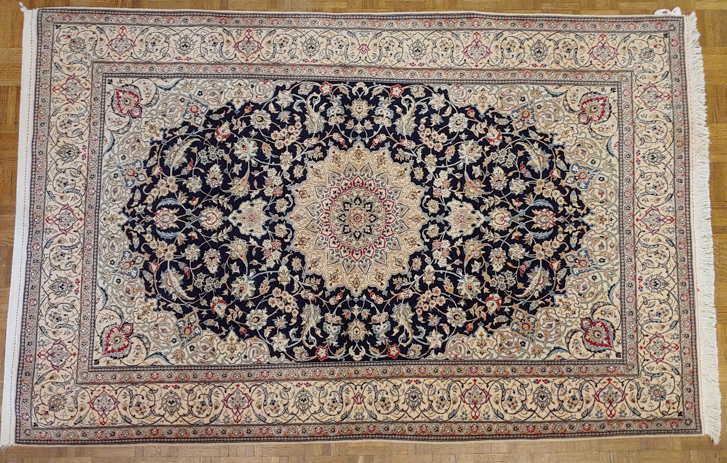 Vintage Persian Nain, Navy Field with Medallion, Wool on Linen with Silk, 1970 For Sale 1