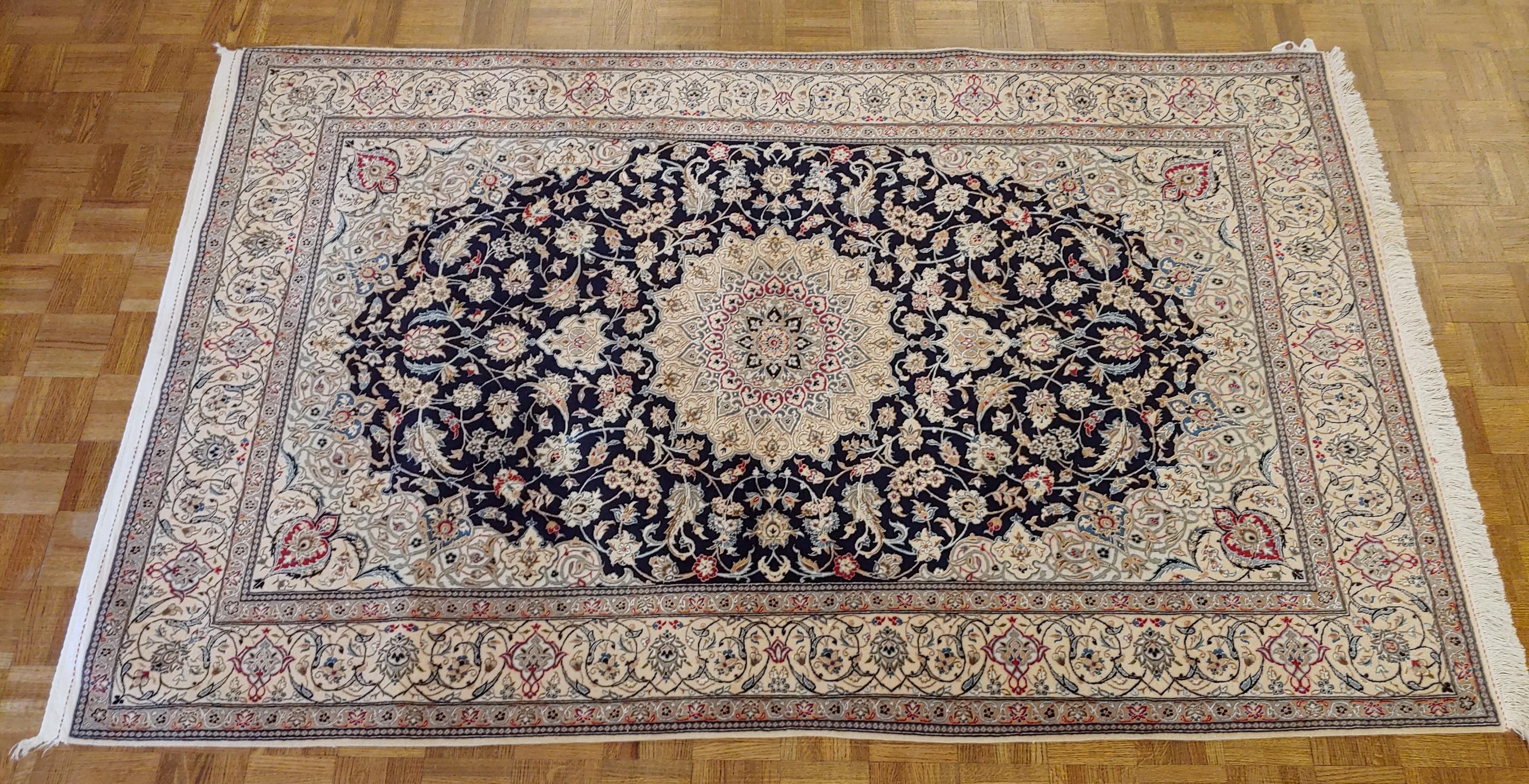 Vintage Persian Nain, Navy Field with Medallion, Wool on Linen with Silk, 1970 For Sale 3