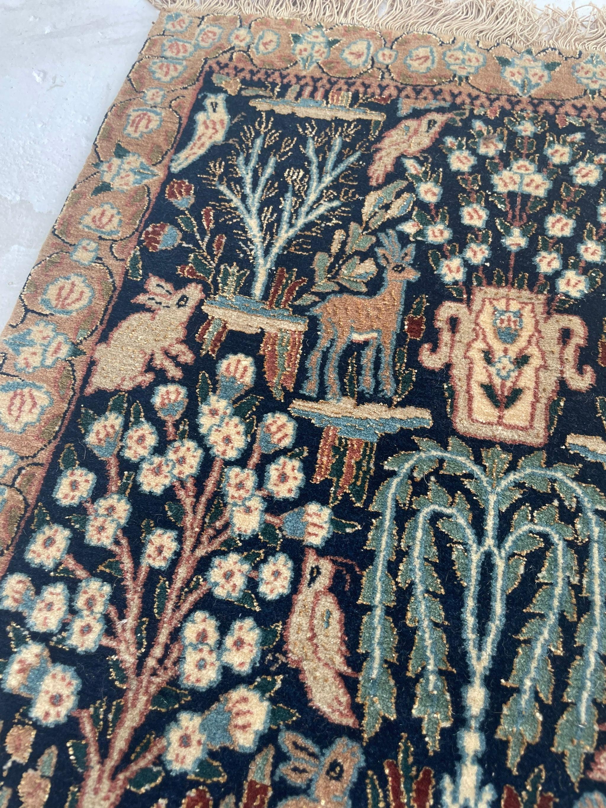 Incredible Vintage Paradise Tree of Life Scene  Collector's Piece 

About: Incredible classical piece

Size: 1.9 x 2.8
Age: Vintage
Pile: Superfine hand-spun lamb wool with silk highlights 

This rug is one-of-a-kind, only one in the world, no
