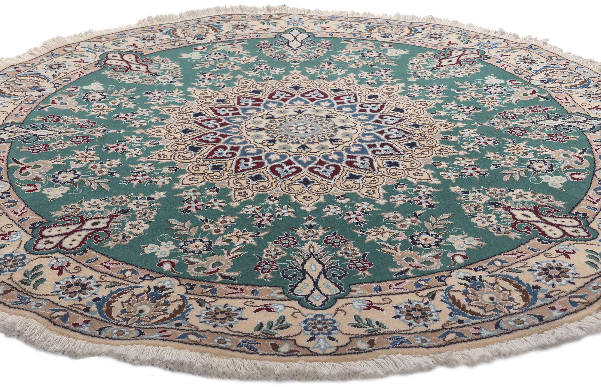 78596 Vintage Persian Nain Round Rug, 04'08 x 04'08. 
Emanating timeless style with lavish details and texture, this vintage Persian Nain round area rug is a captivating vision of woven beauty. The intricate floral embellishments and dreamy colorway