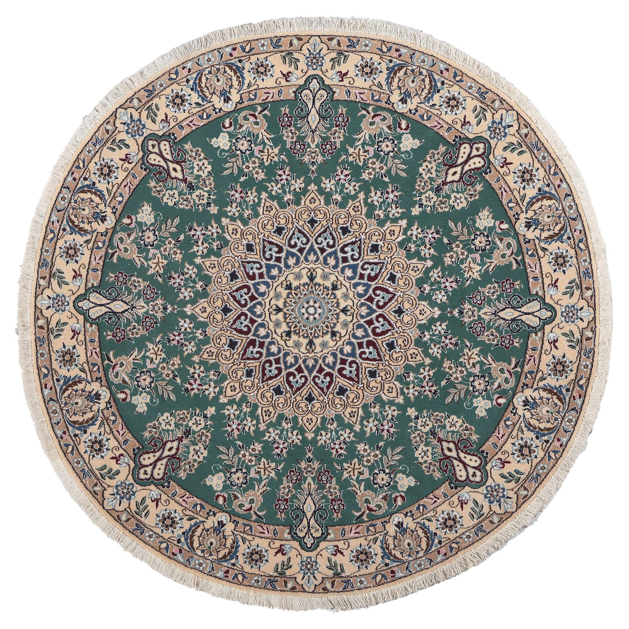 Vintage Persian Nain Round Area Rug, Stately Decadence Meets Timeless Style For Sale