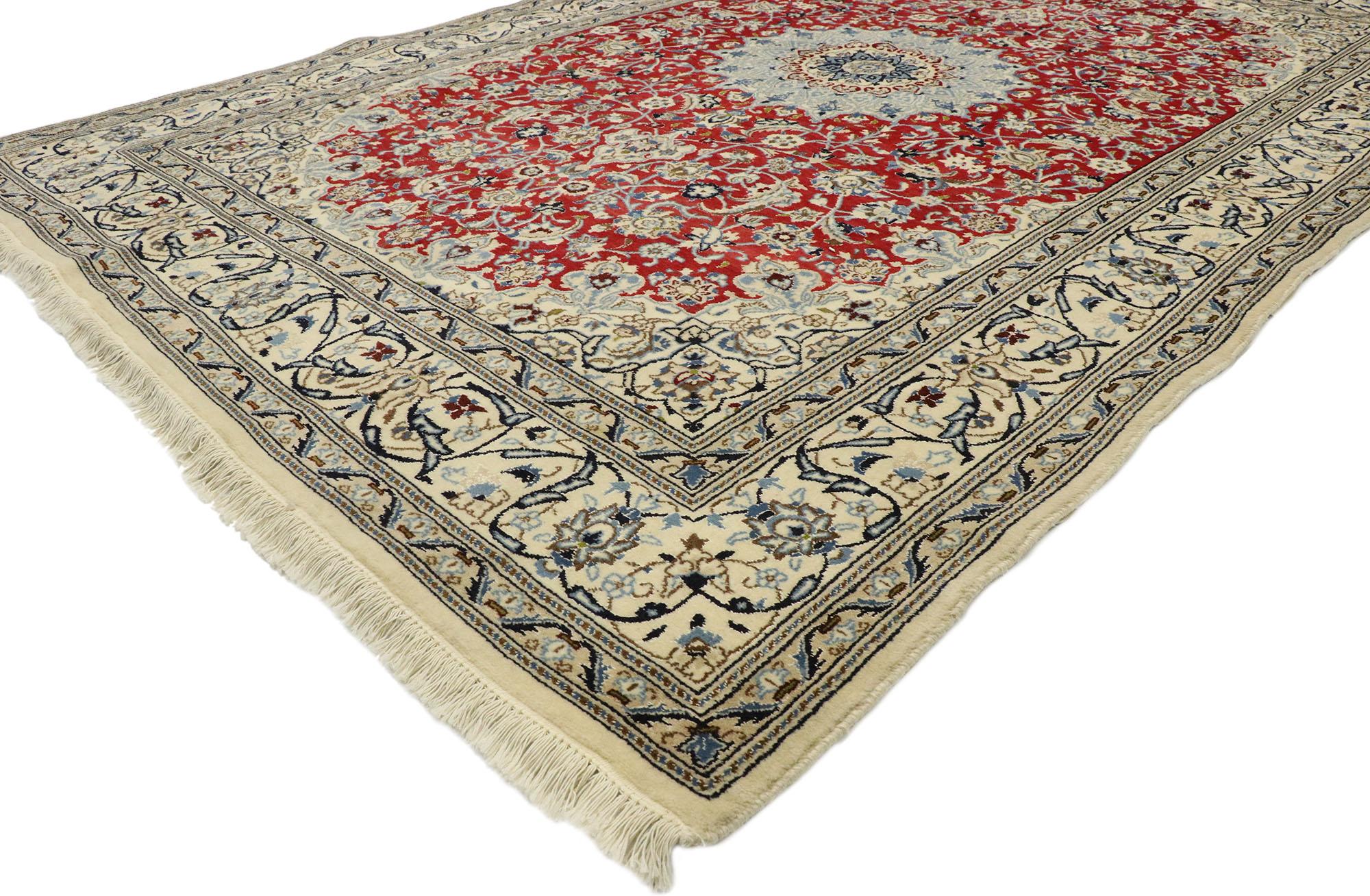 77531, vintage Persian Nain rug with Arabesque Art Nouveau style. This hand knotted wool vintage Persian Nain rug with traditional style features an ornate round center medallion surrounded by an impressive all-over arabesque floral pattern. A vast