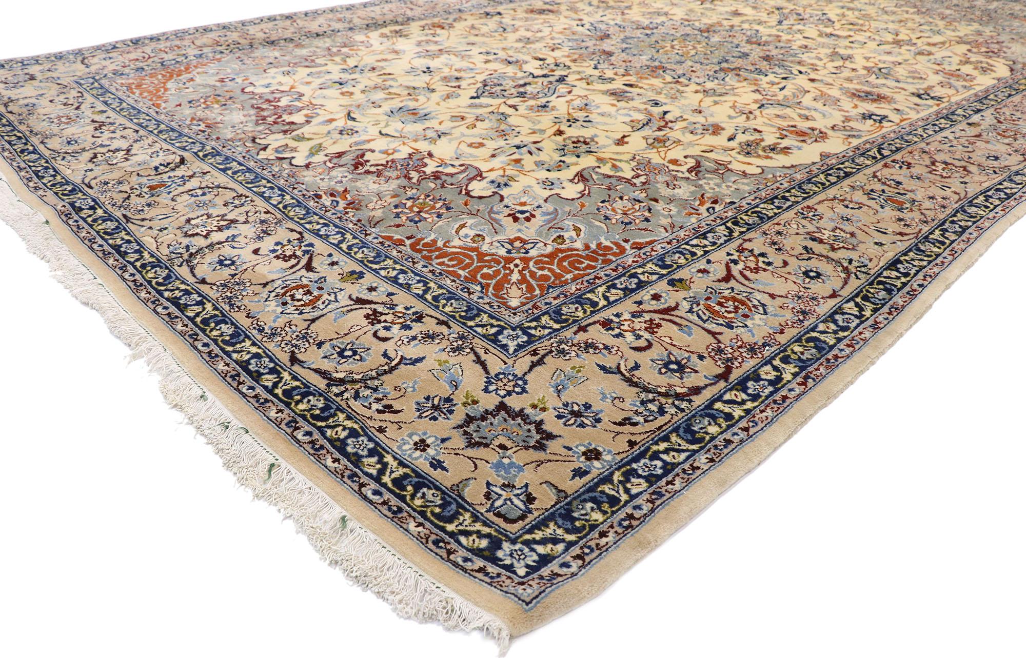 77571 vintage Persian Nain rug with Art Nouveau Rococo style. Full of details and ornate embellishments combined with a dreamy color palette, this hand knotted wool and silk vintage Persian Nain rug beautifully embodies both Art Nouveau and Rococo