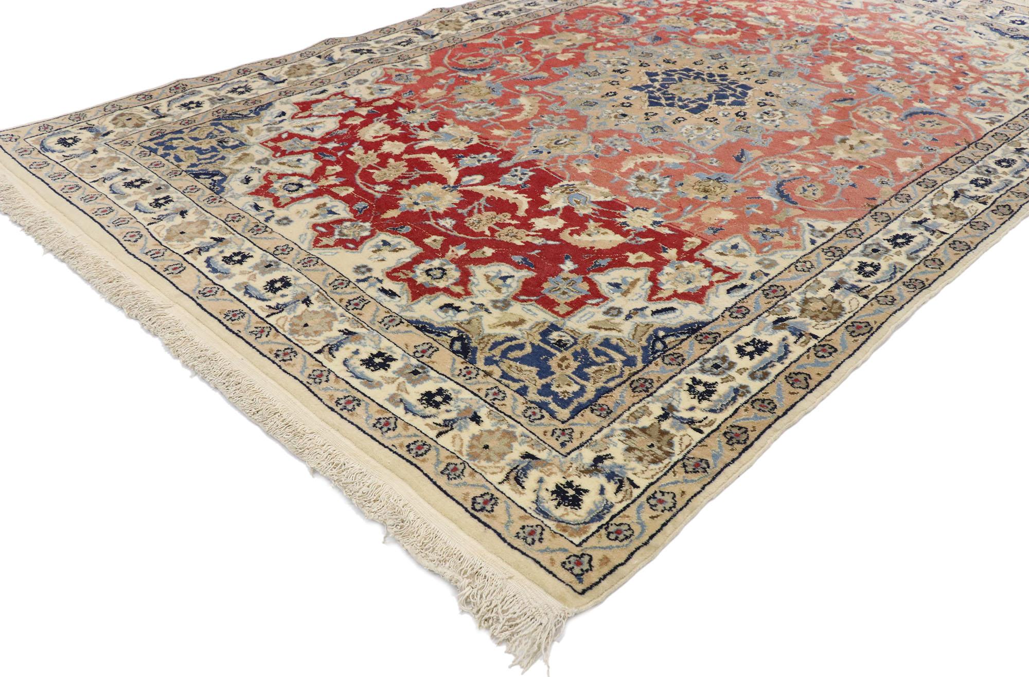 77576, vintage Persian Nain rug with New England Cape Cod Federal style. With a timeless design and defining colors, evoke the charming New England Cape Cod style with this hand knotted wool and silk vintage Persian Nain rug. Taking center stage is