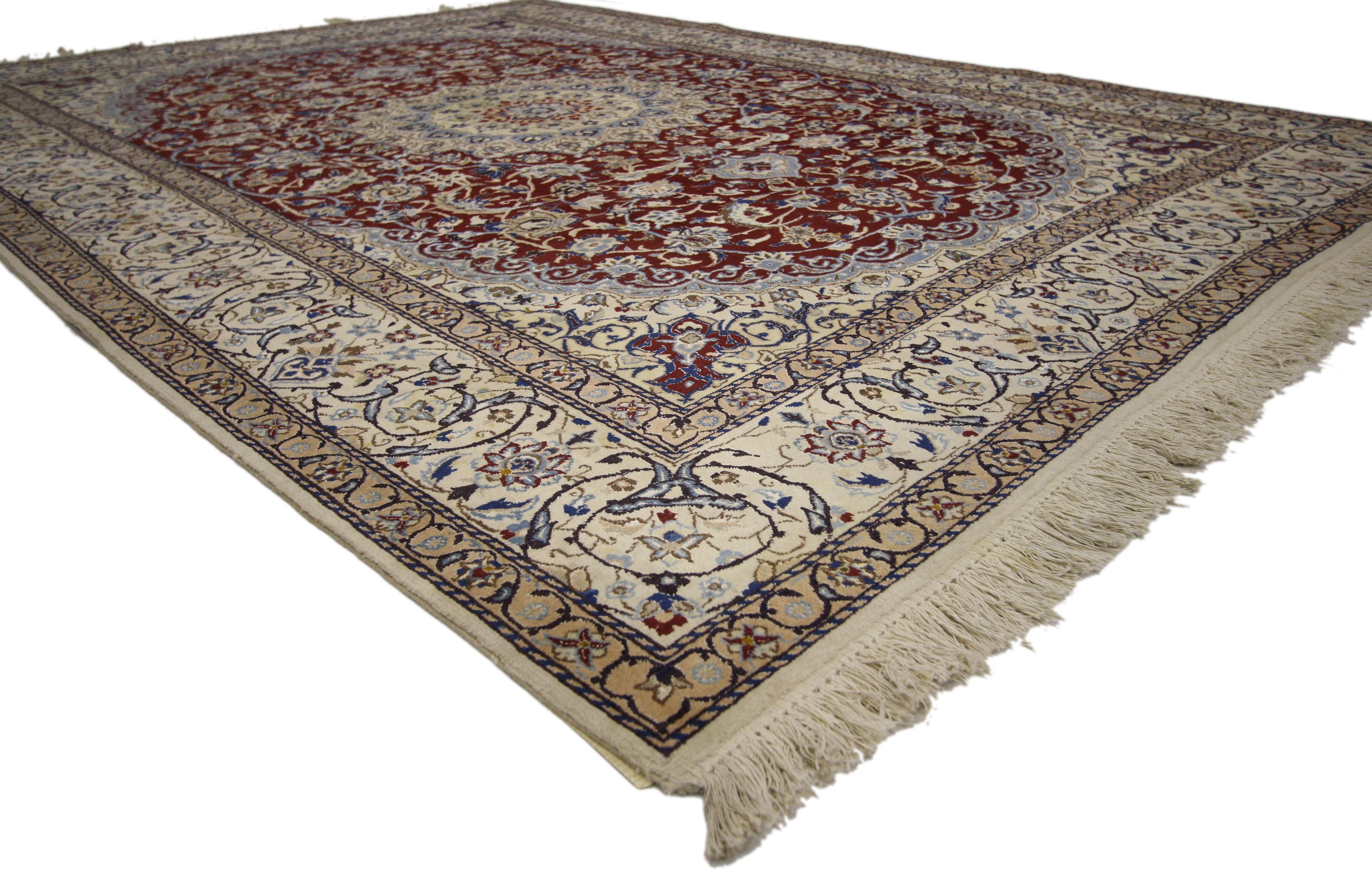 74241 Vintage Persian Nain Rug, 06'08 x 09'04. 
Emanating a timeless floral design with incredible detail and texture, this wool and silk vintage Persian Nain rug is a captivating vision of woven beauty. The ornate details and sophisticated colors
