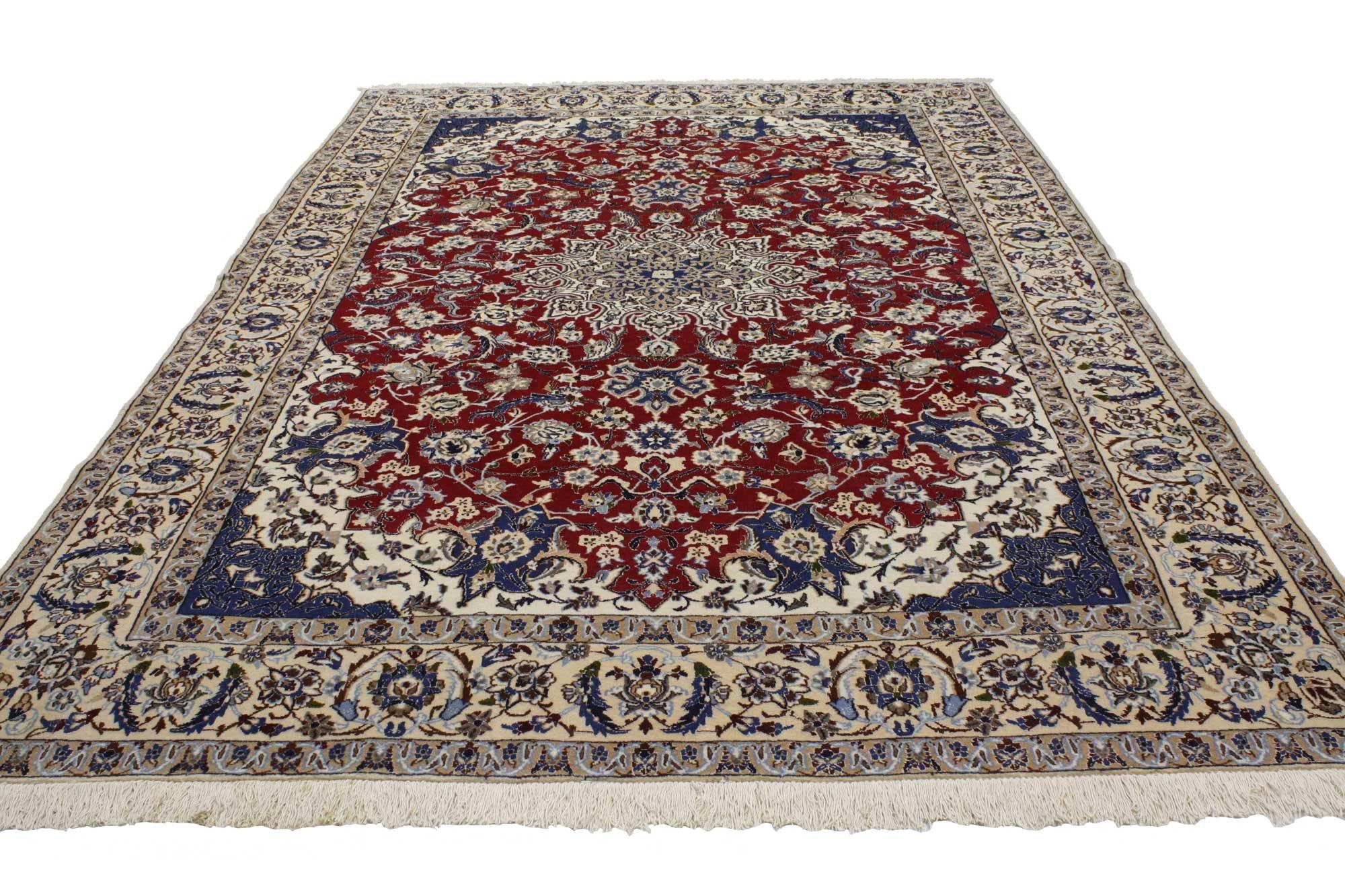 76818 Vintage Persian Nain Rug with Federal Colonial Style 06'10 x 10'08. Regal and refined, this hand-knotted wool and silk vintage Persian Nain rug features a central floral medallion and all-over floral pattern on a red and ivory cut-out field.
