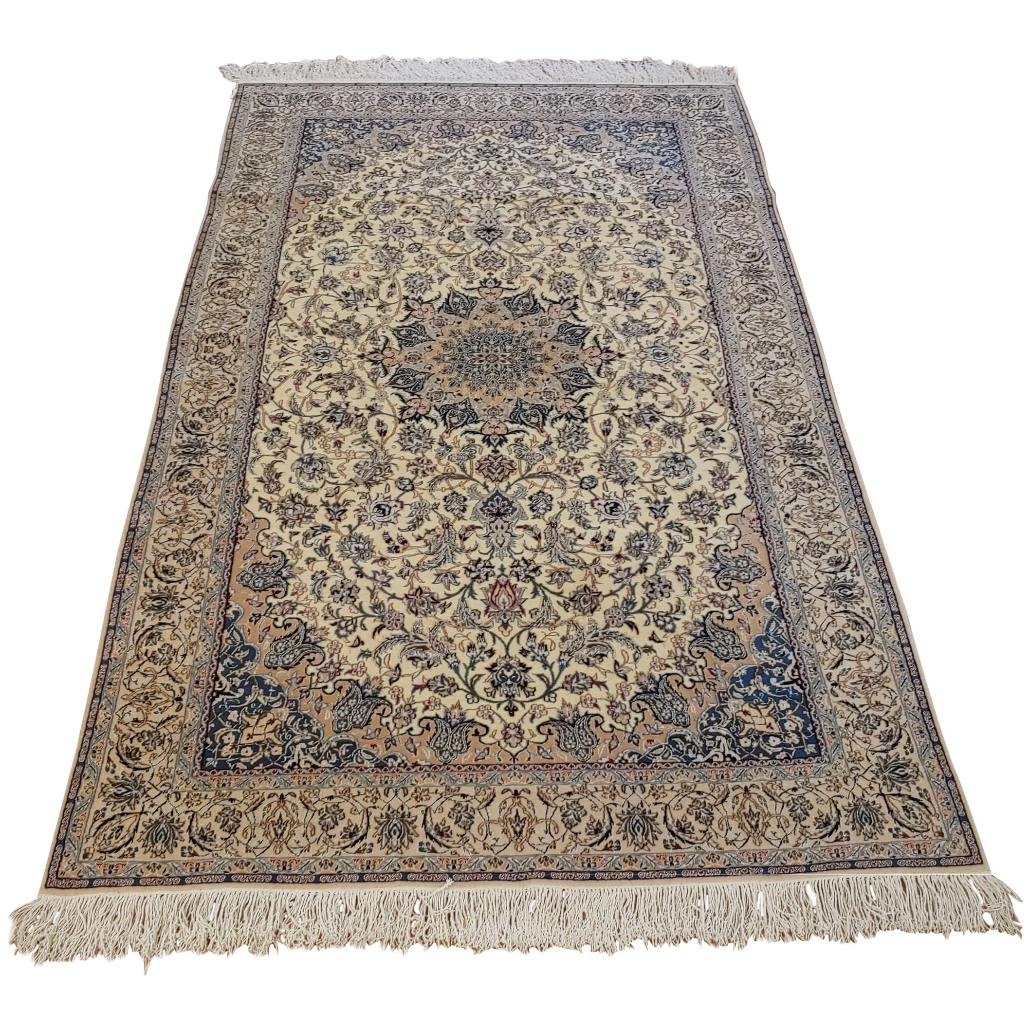 Vintage Persian Nain, Whit Field with Medallion, Wool on Linen with Silk, 1970 For Sale