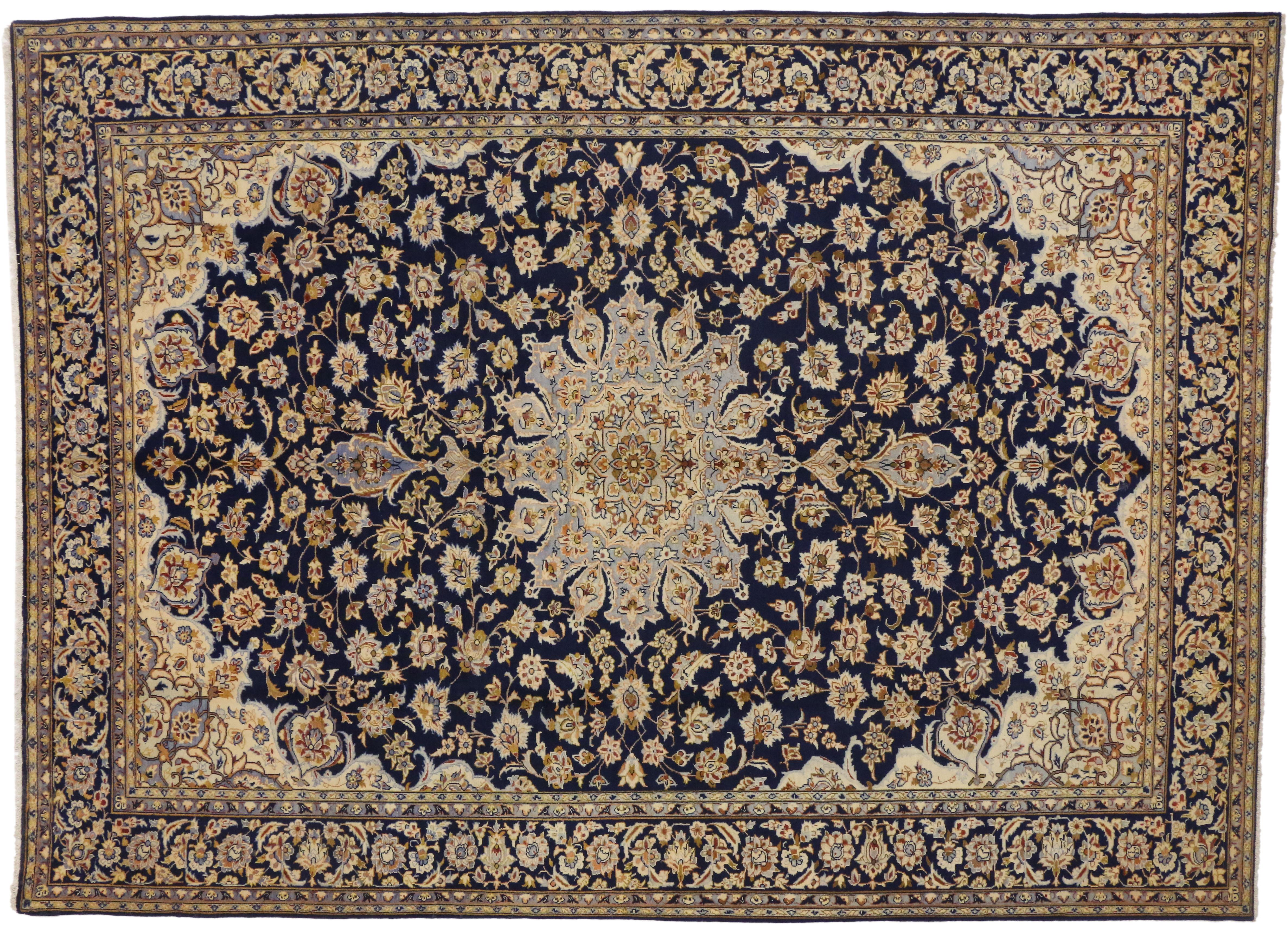 Hand-Knotted Vintage Persian Najafabad Area Rug with Romantic Arabesque Baroque Style For Sale