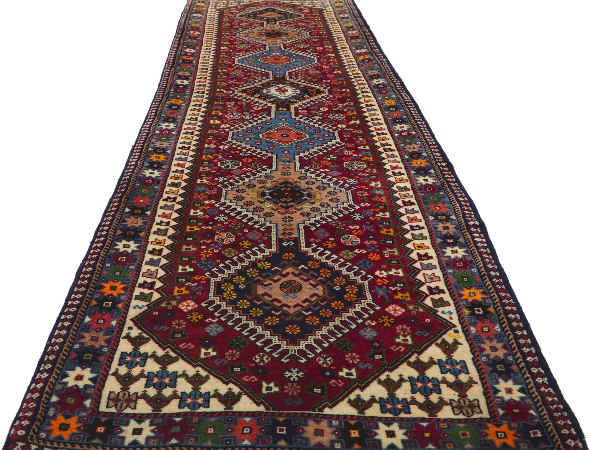 Vintage Persian Shiraz Rug, Tribal Enchantment Meets Nomadic Charm In Good Condition For Sale In Dallas, TX