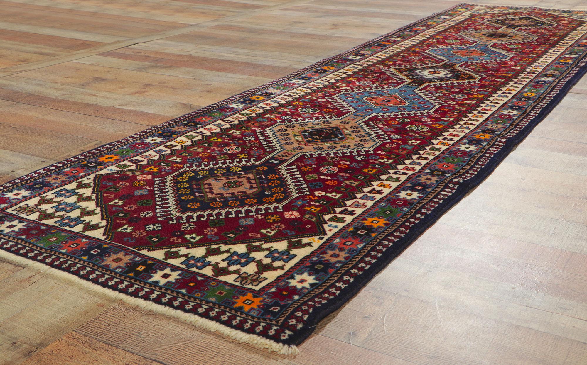 Wool Vintage Persian Shiraz Rug, Tribal Enchantment Meets Nomadic Charm For Sale