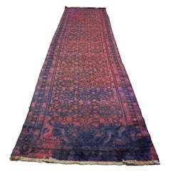Vintage Persian Overdyed 3X13 Purple, Pink & Blue Handmade Runner Rug
