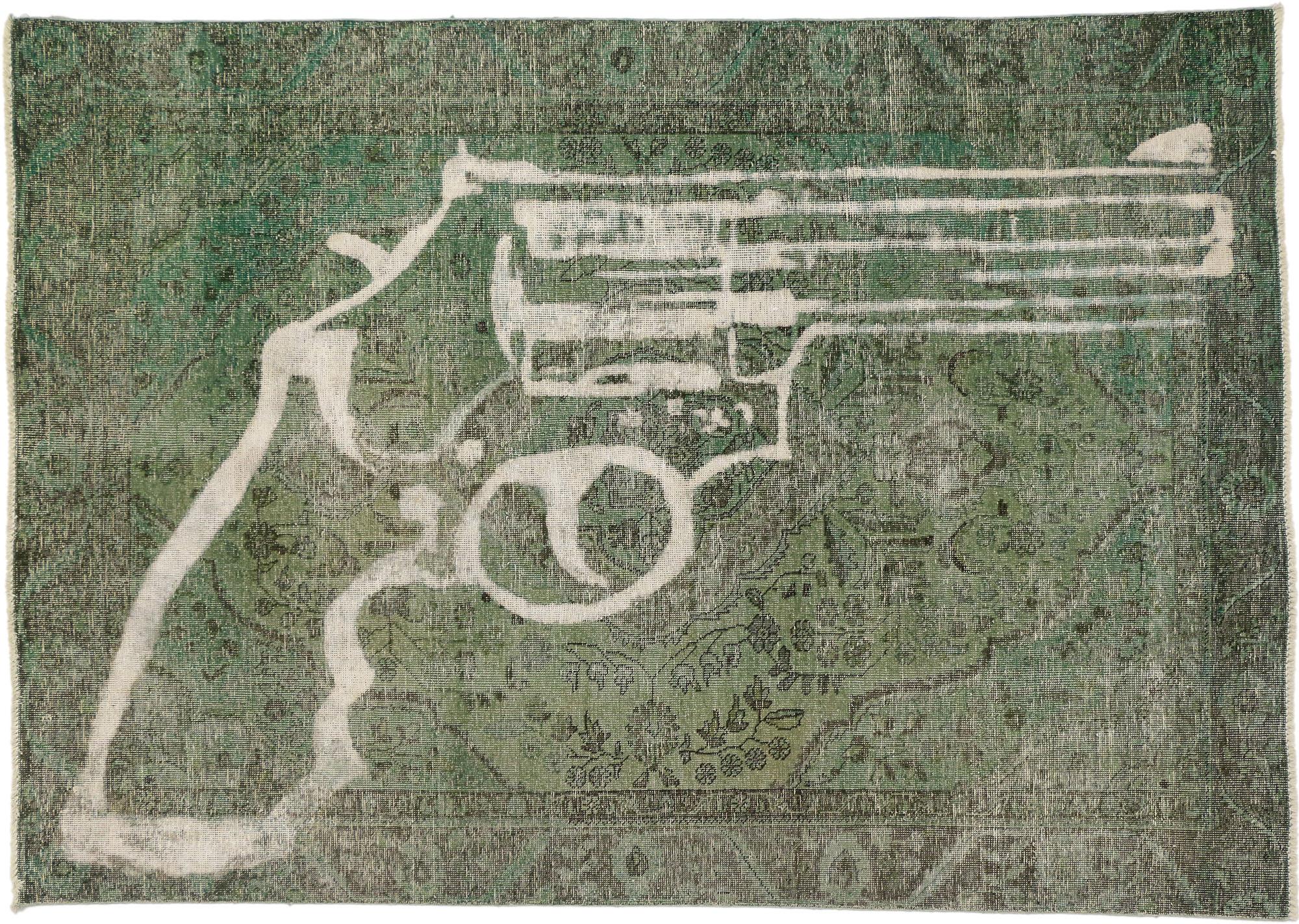 Vintage Green  Overdyed Rug with 2nd Amendment Style In Distressed Condition For Sale In Dallas, TX