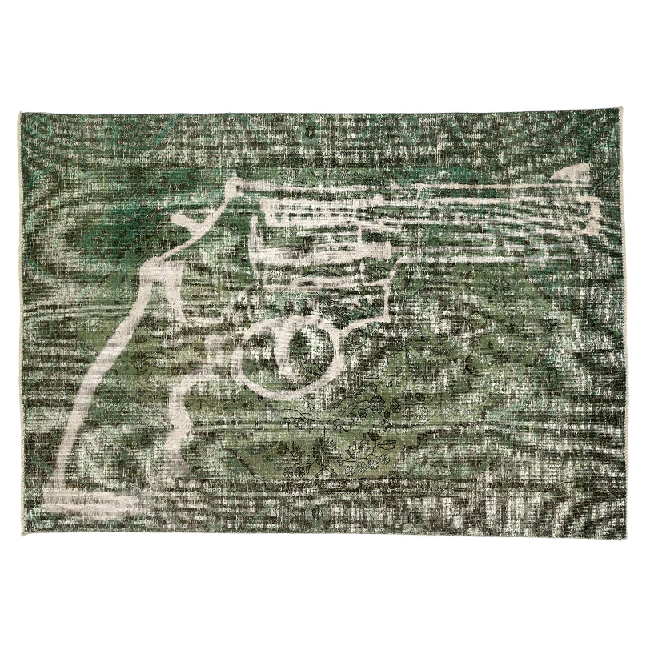 Vintage Green  Overdyed Rug with 2nd Amendment Style For Sale