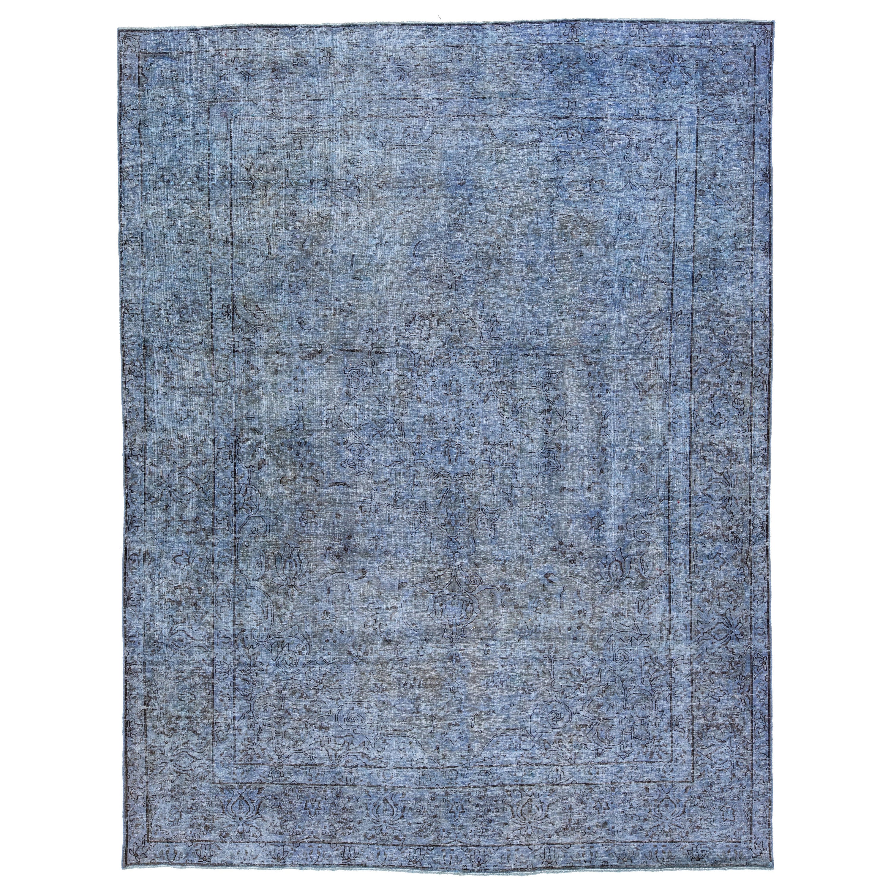 Tappeto persiano vintage in lana blu sovratinto a mano in vendita