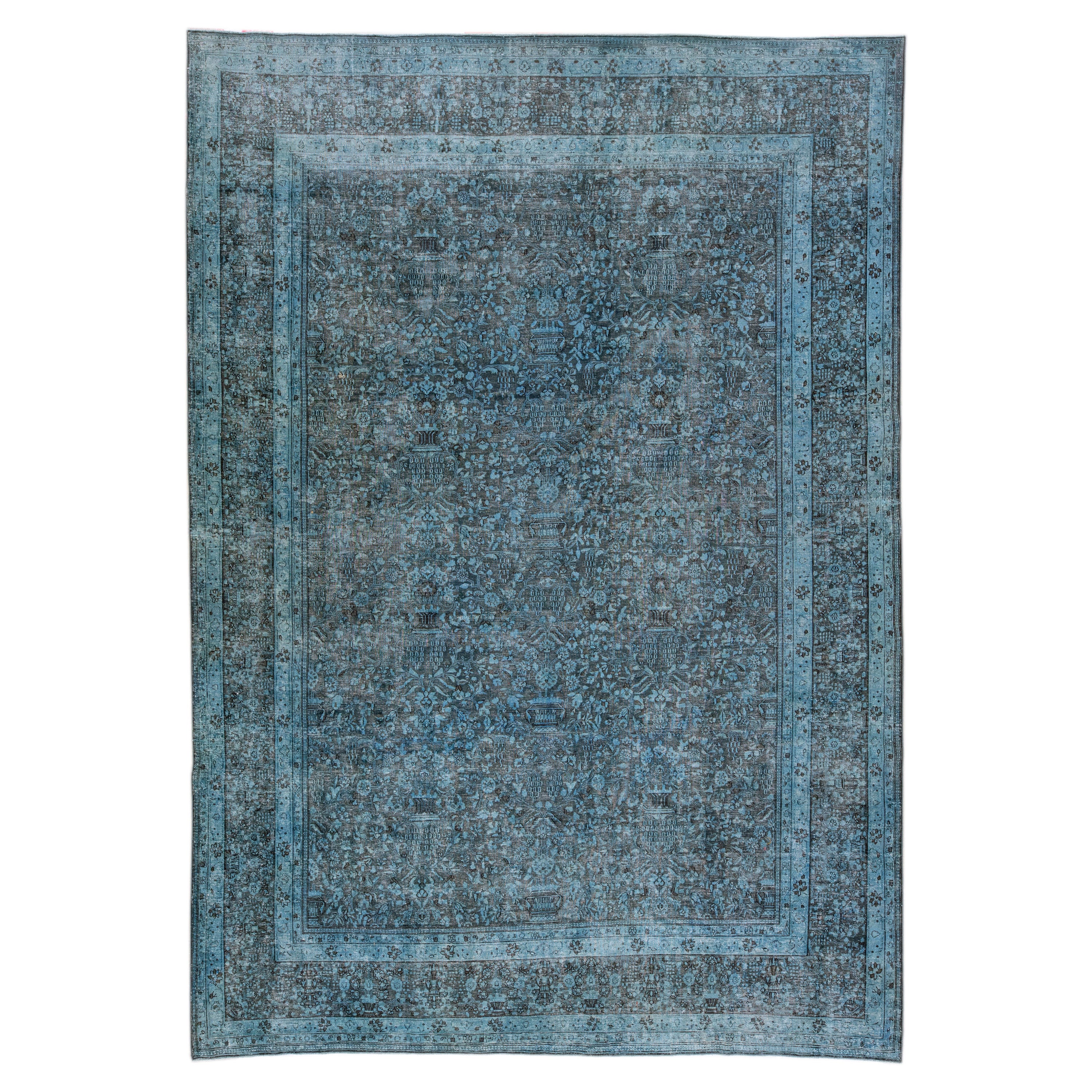 Tappeto vintage persiano sovratinto fatto a mano in lana blu floreale