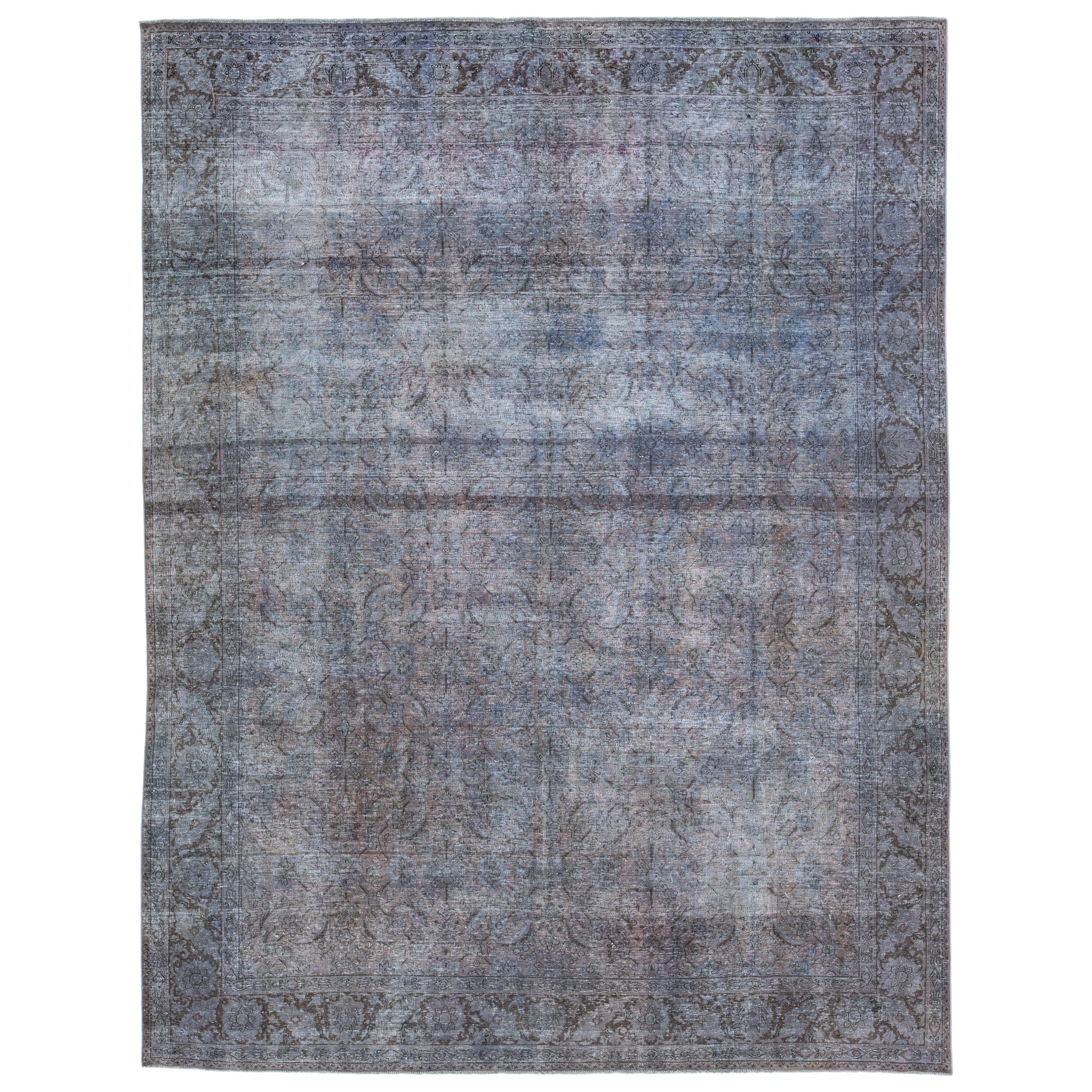 Tappeto vintage persiano sovratinto fatto a mano in lana blu floreale