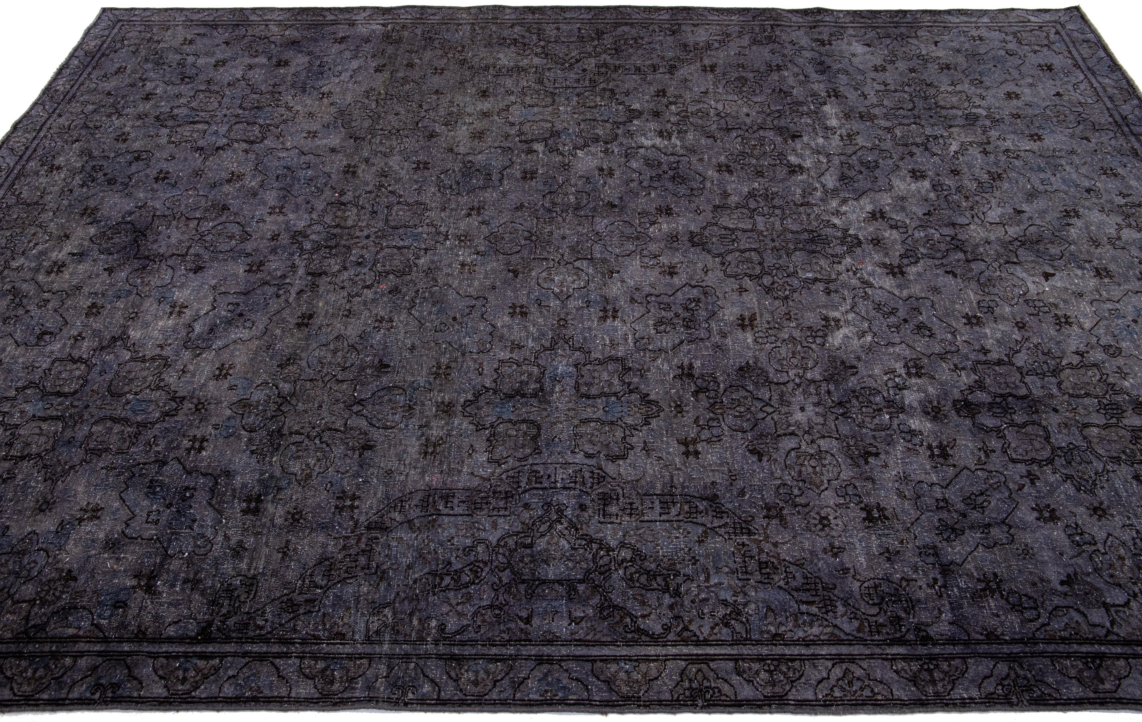 Hand-Knotted Vintage Persian Overdyed Handmade Floral Gray Wool Rug For Sale