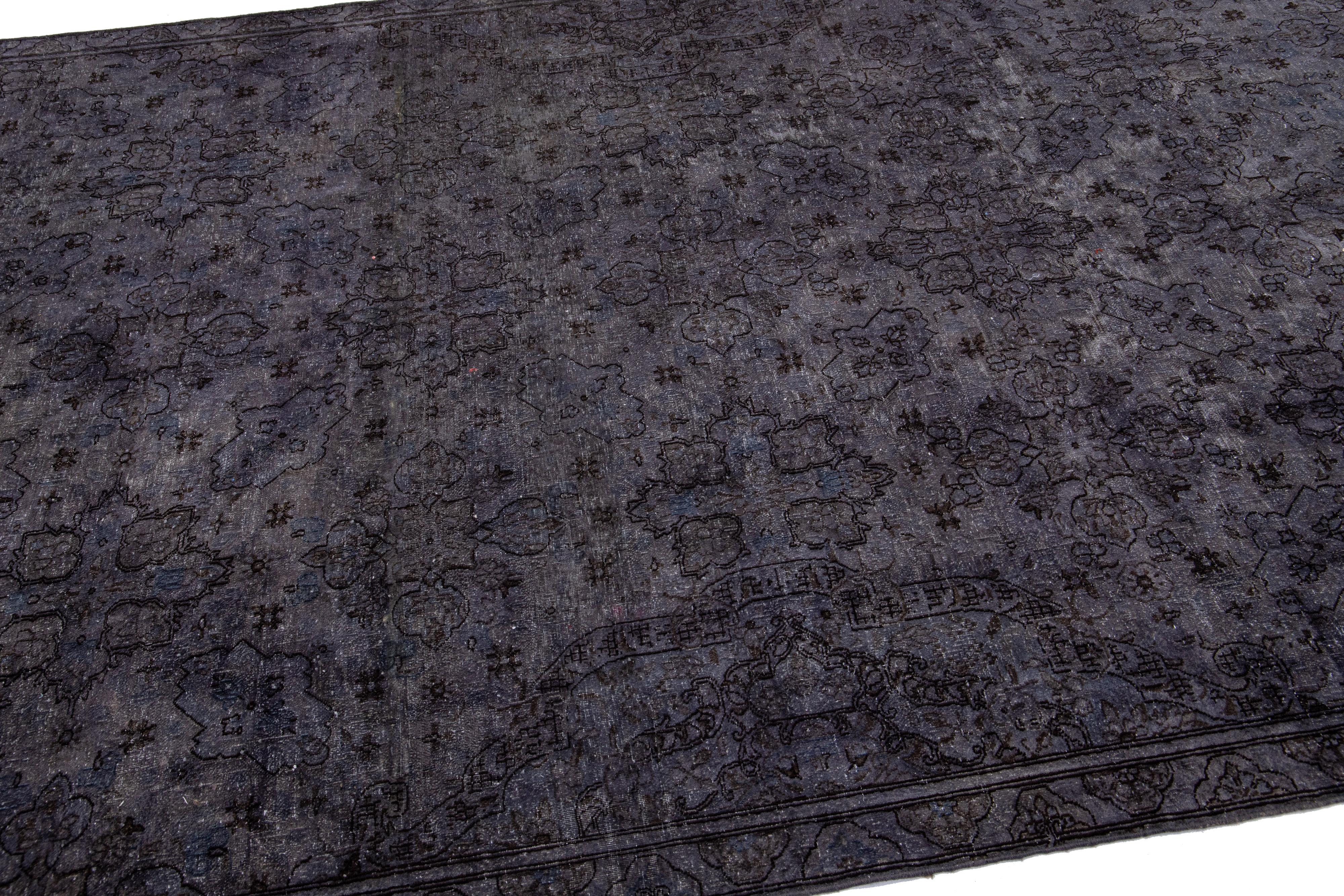 20th Century Vintage Persian Overdyed Handmade Floral Gray Wool Rug For Sale