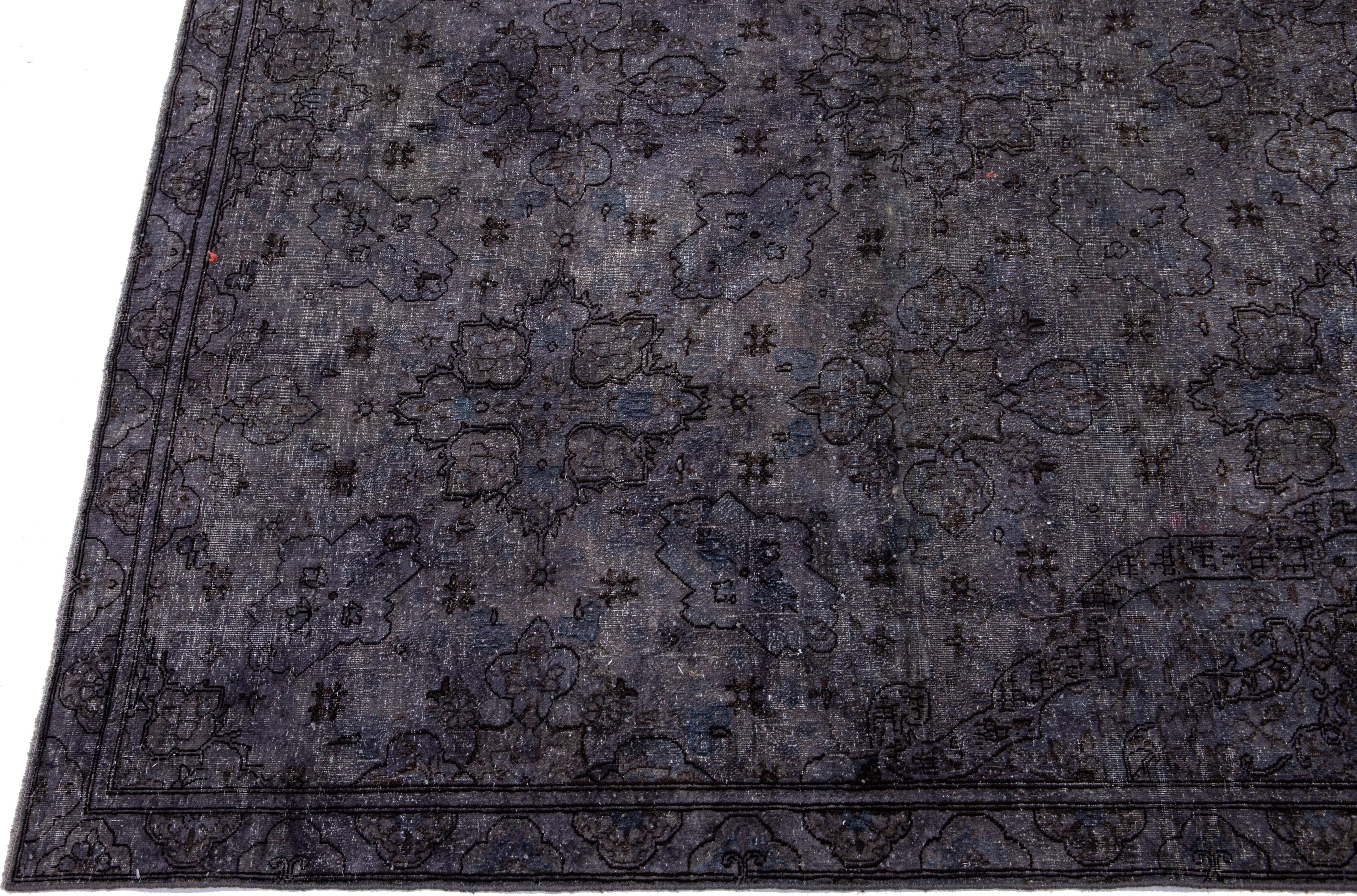 Vintage Persian Overdyed Handmade Floral Gray Wool Rug For Sale 1