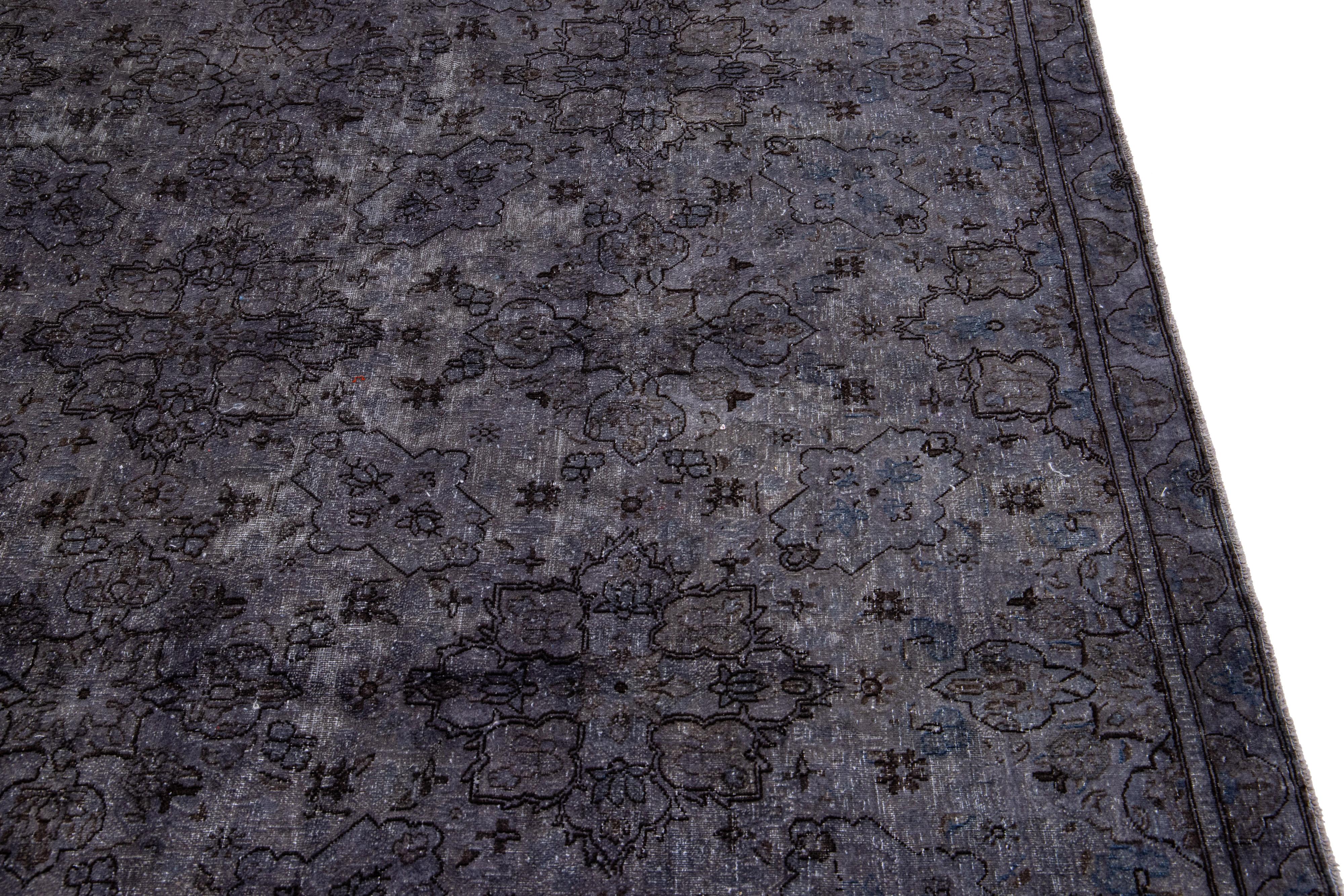 Vintage Persian Overdyed Handmade Floral Gray Wool Rug For Sale 3