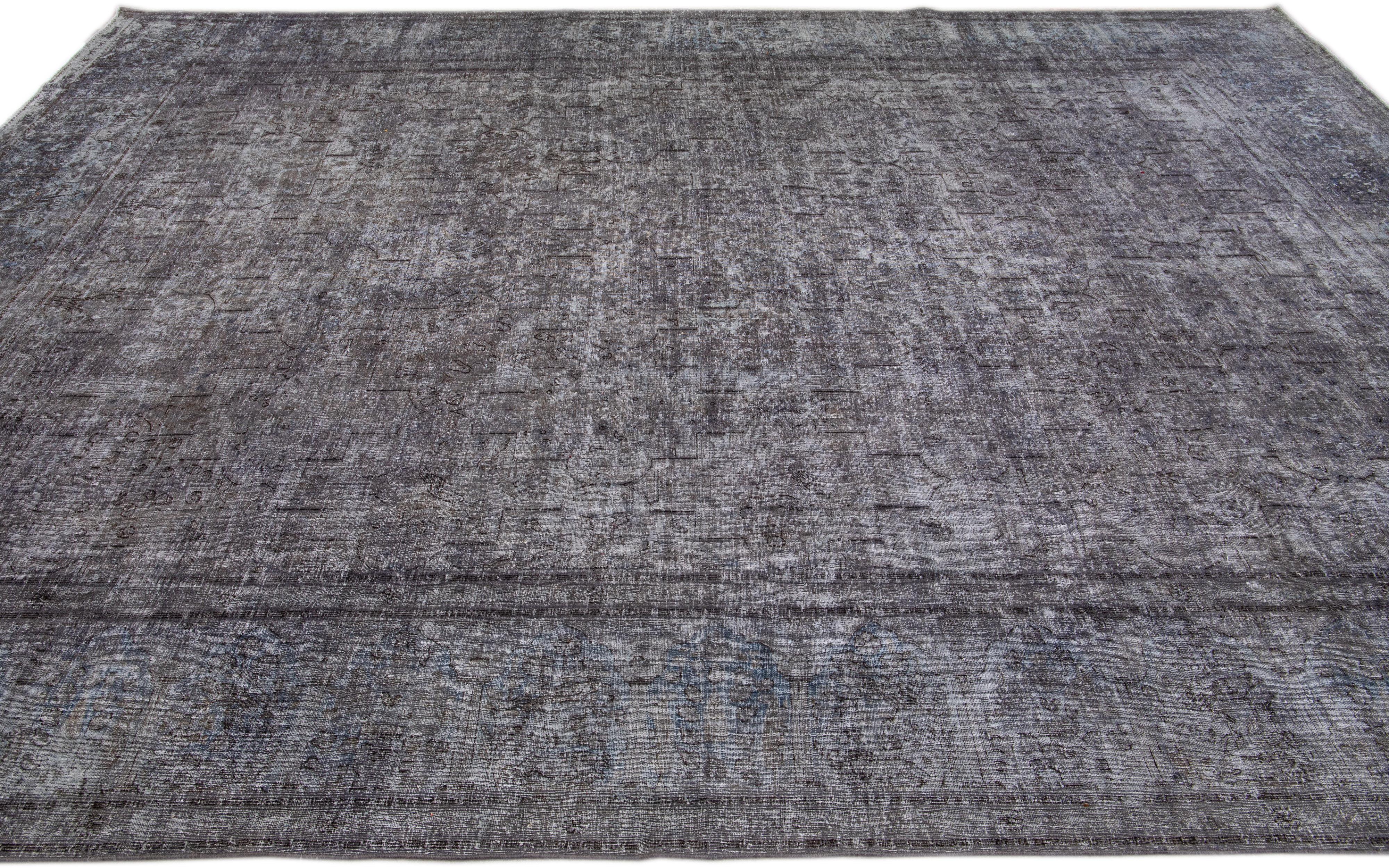 Hand-Knotted Vintage Persian Overdyed Handmade Geometric Gray Wool Rug For Sale