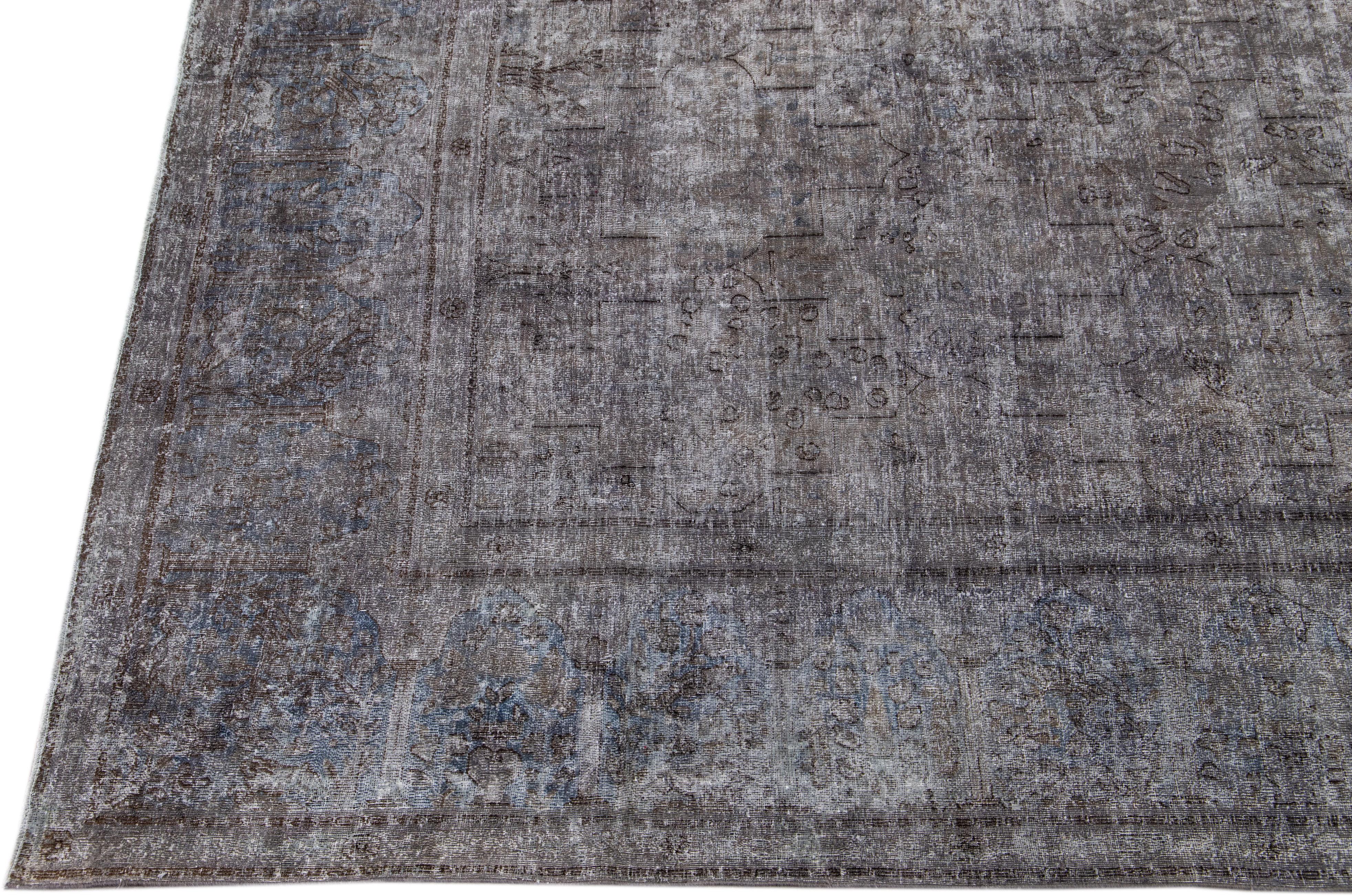 Vintage Persian Overdyed Handmade Geometric Gray Wool Rug In Good Condition For Sale In Norwalk, CT