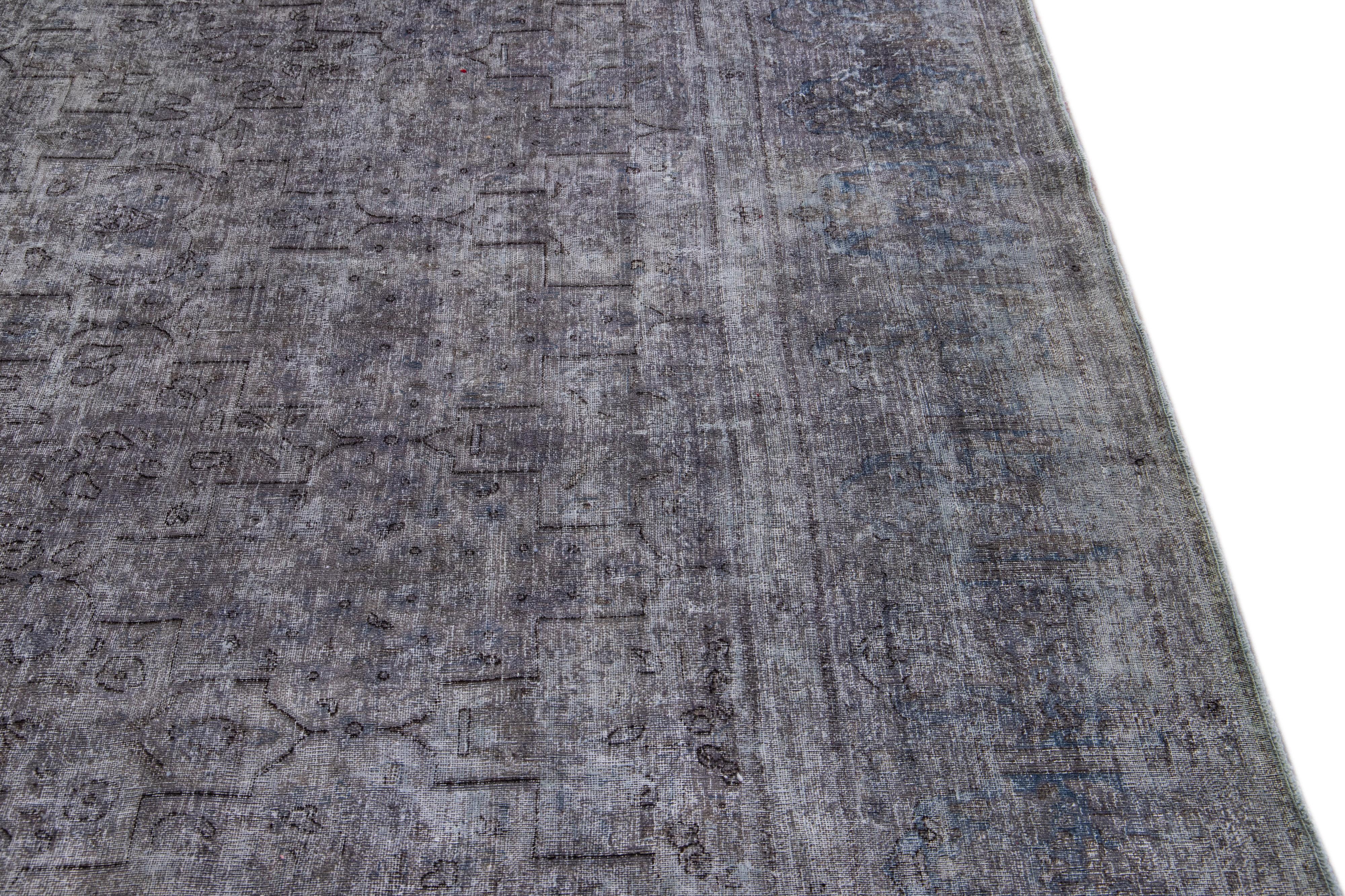 20th Century Vintage Persian Overdyed Handmade Geometric Gray Wool Rug For Sale