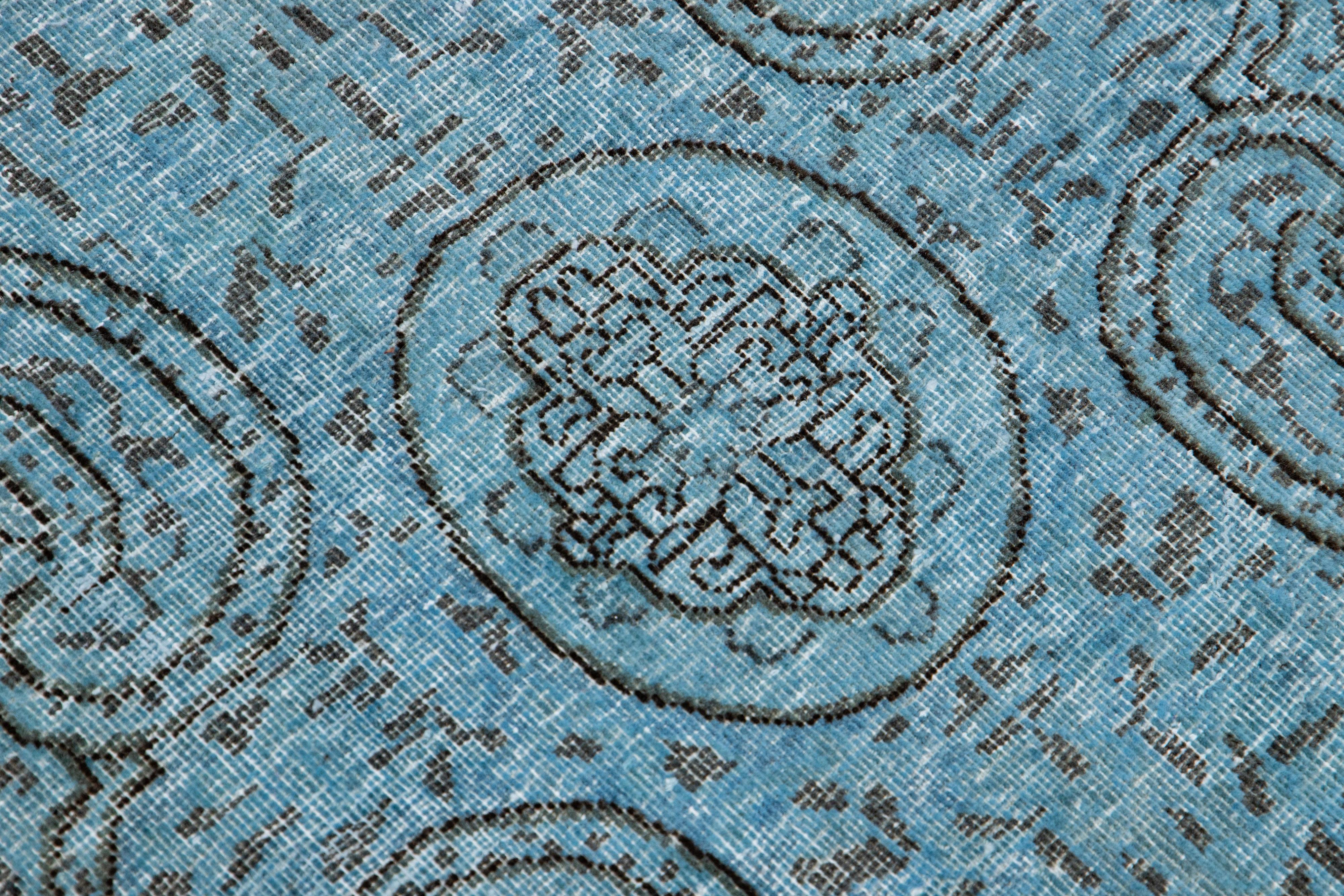 Vintage Persian Overdyed Handmade Medallion Blue Wool Rug For Sale 4