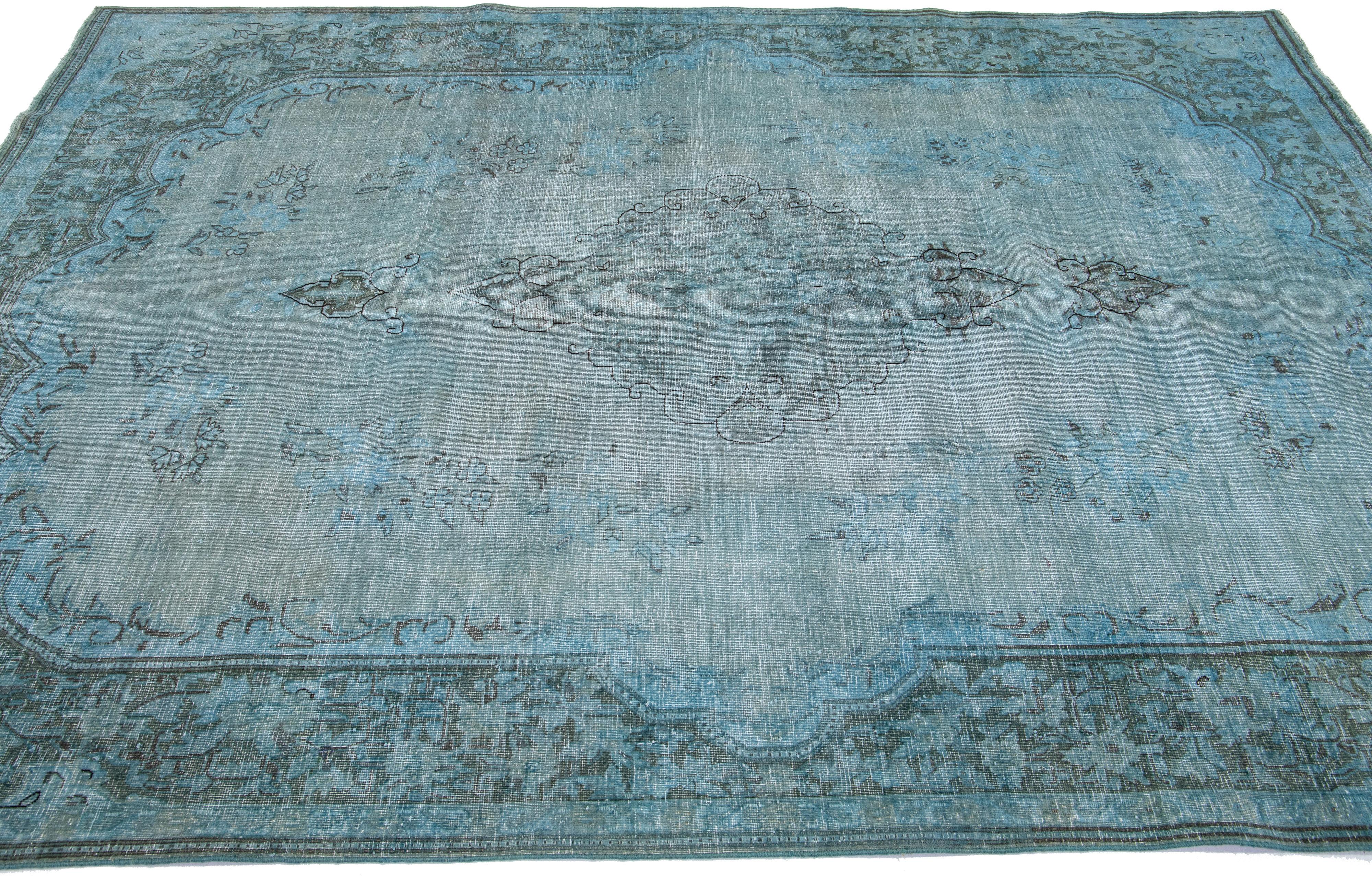 Hand-Knotted Vintage Persian Overdyed Handmade Medallion Blue Wool Rug For Sale
