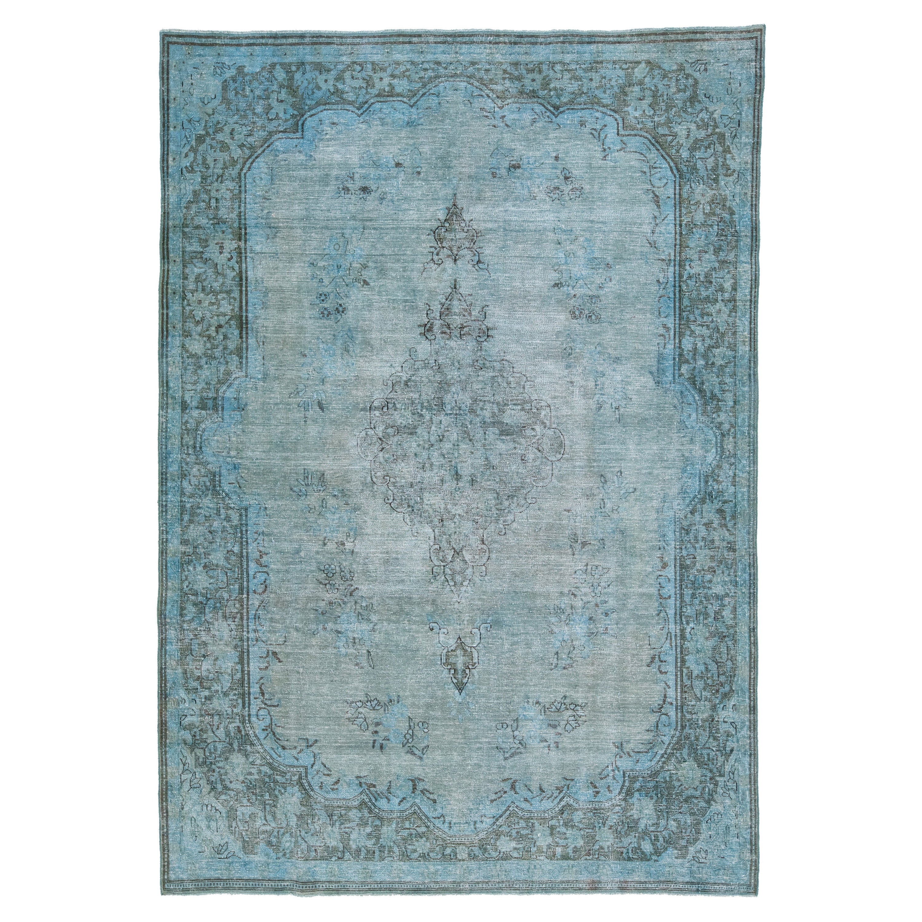 Tapis persan vintage teinté à la main en laine bleue avec médaillon, fait à la main