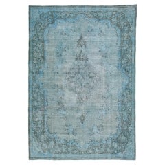 Tapis persan vintage teinté à la main en laine bleue avec médaillon, fait à la main