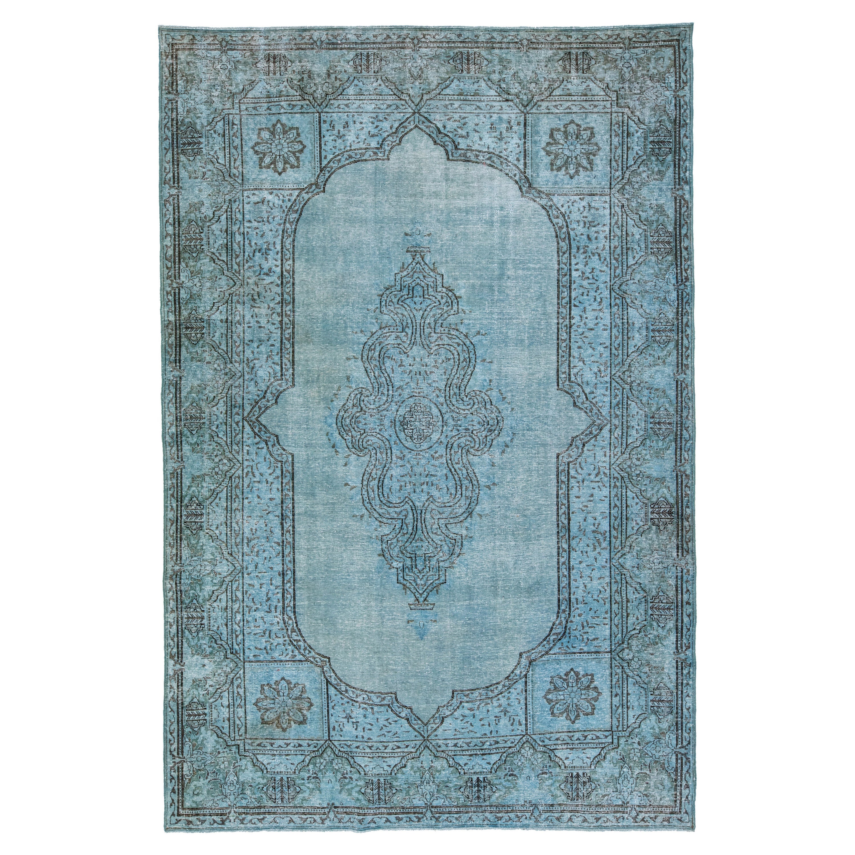 Tapis persan vintage teinté à la main en laine bleue avec médaillon, fait à la main