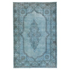 Tapis persan vintage teinté à la main en laine bleue avec médaillon, fait à la main