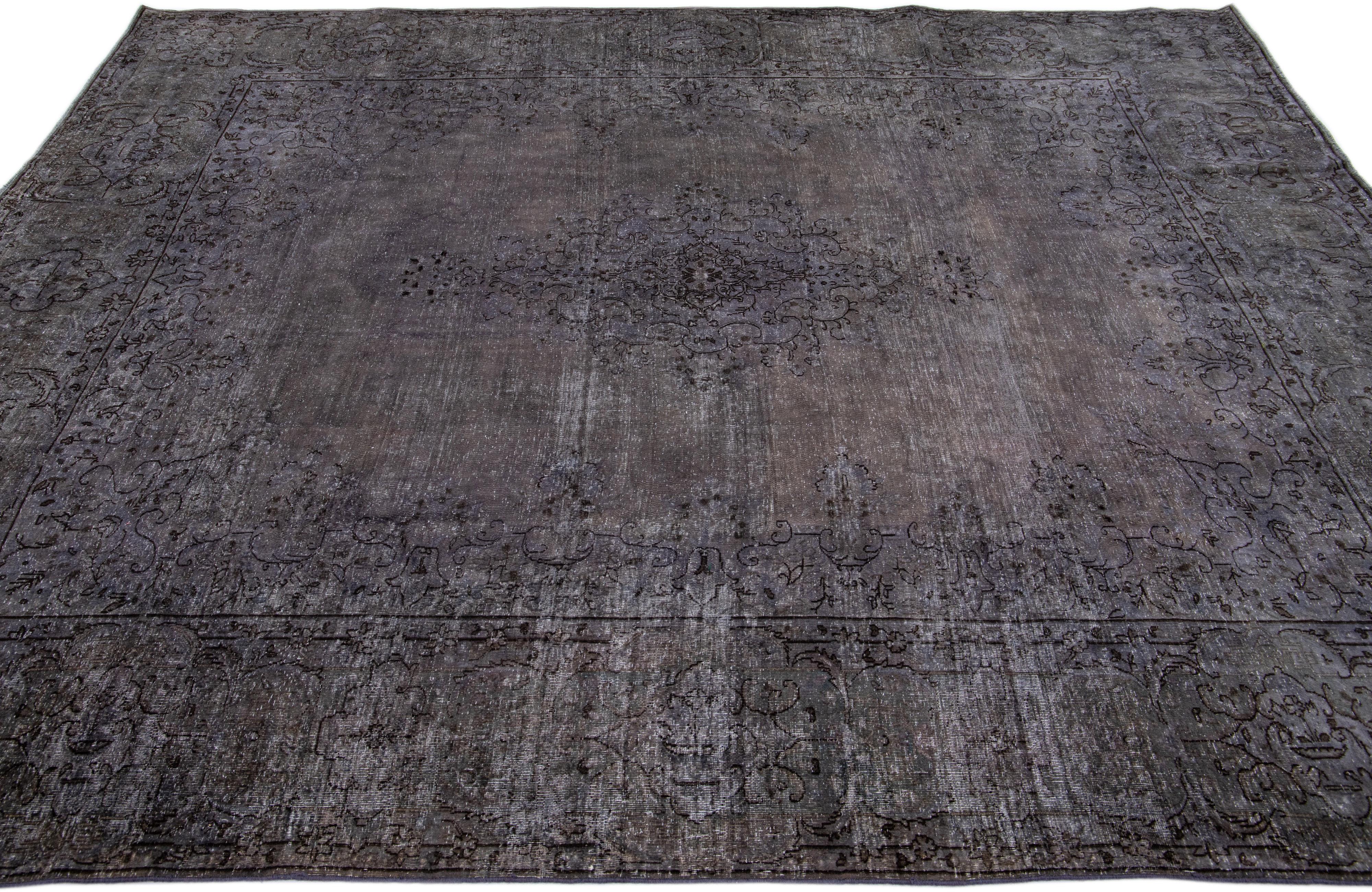 Hand-Knotted Vintage Persian Overdyed Handmade Medallion Grey Wool Rug For Sale