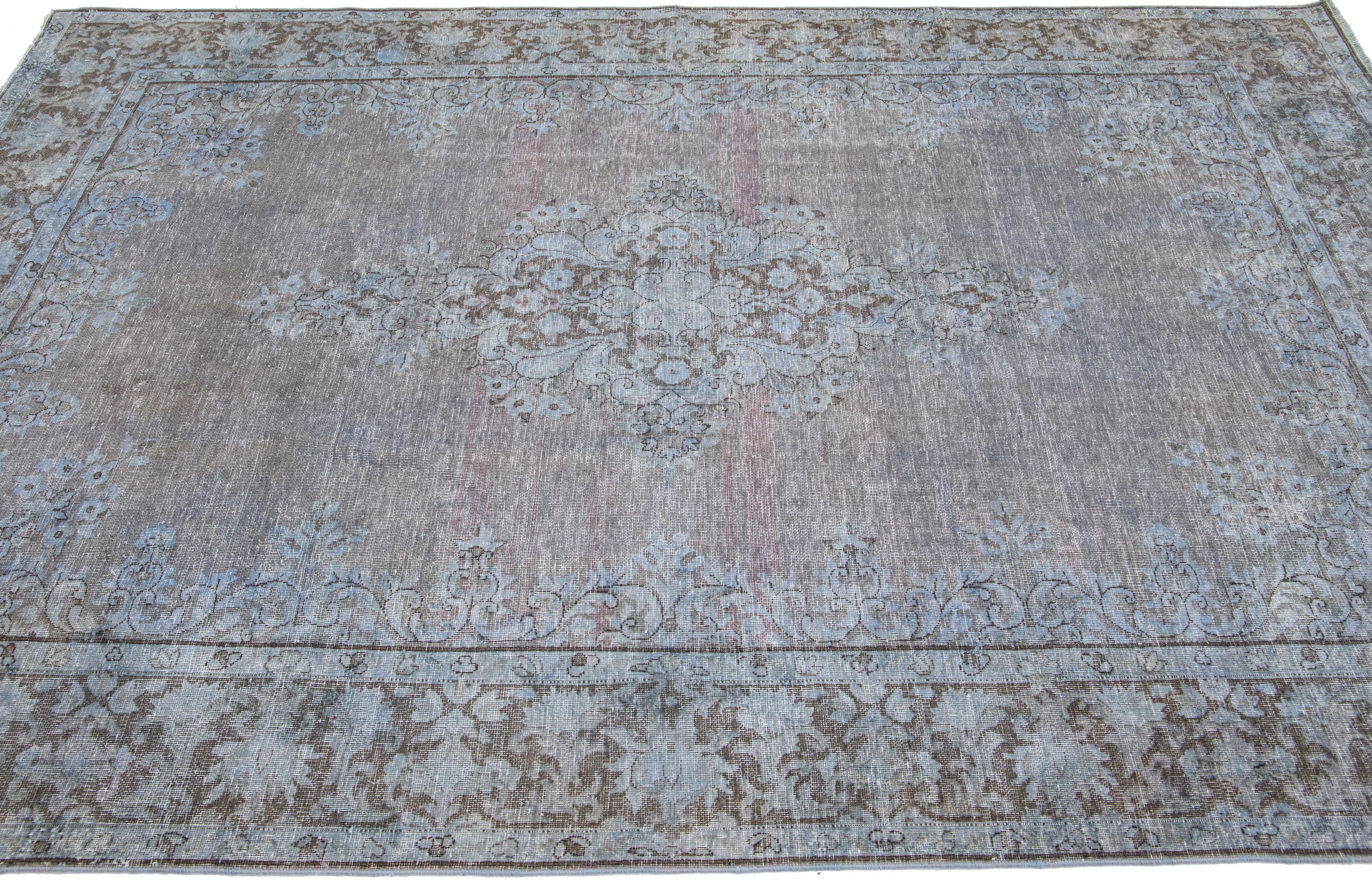 Hand-Knotted Vintage Persian Overdyed Handmade Medallion Gray Wool Rug For Sale