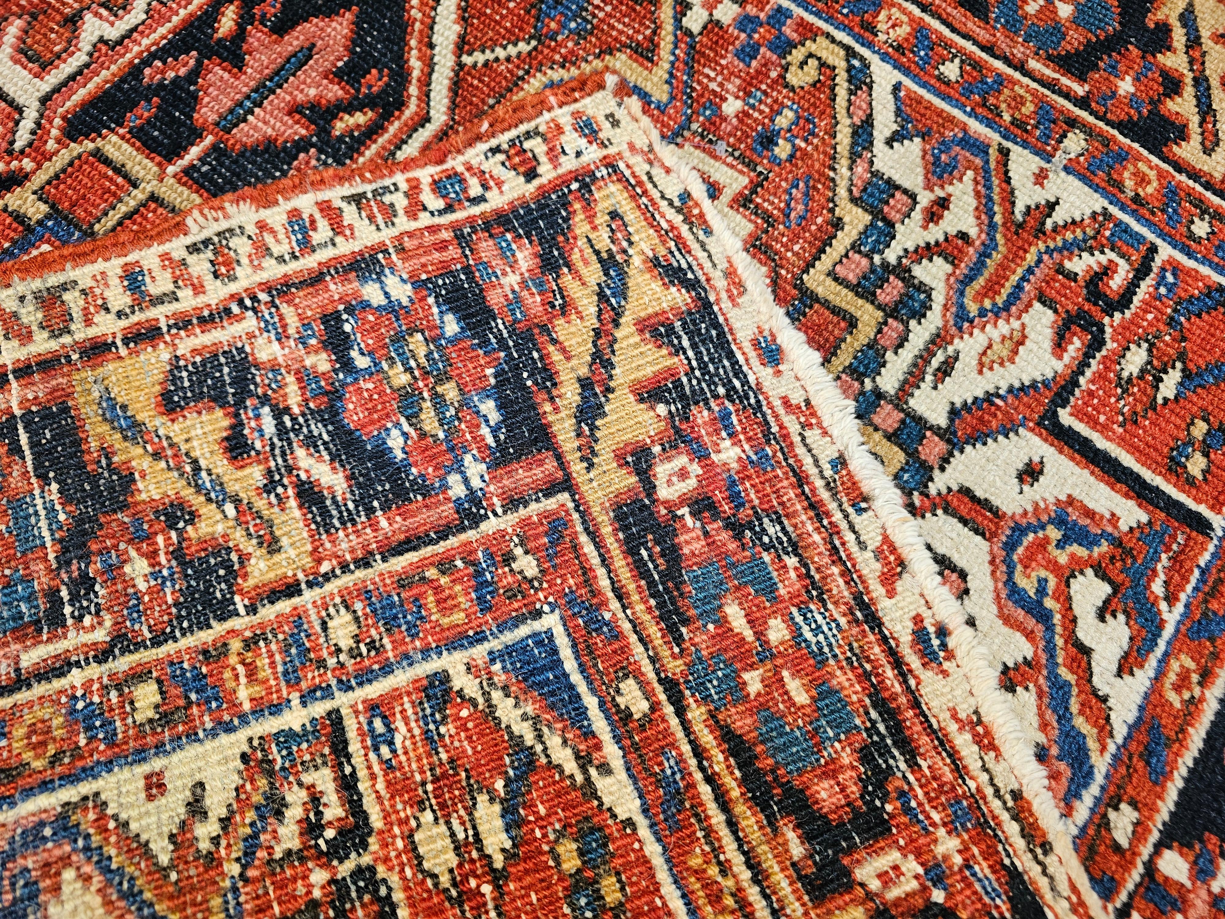 Vintage Persian Heriz Serapi Near Square Area Rug in Green, Blue, Ivory, Red For Sale 7