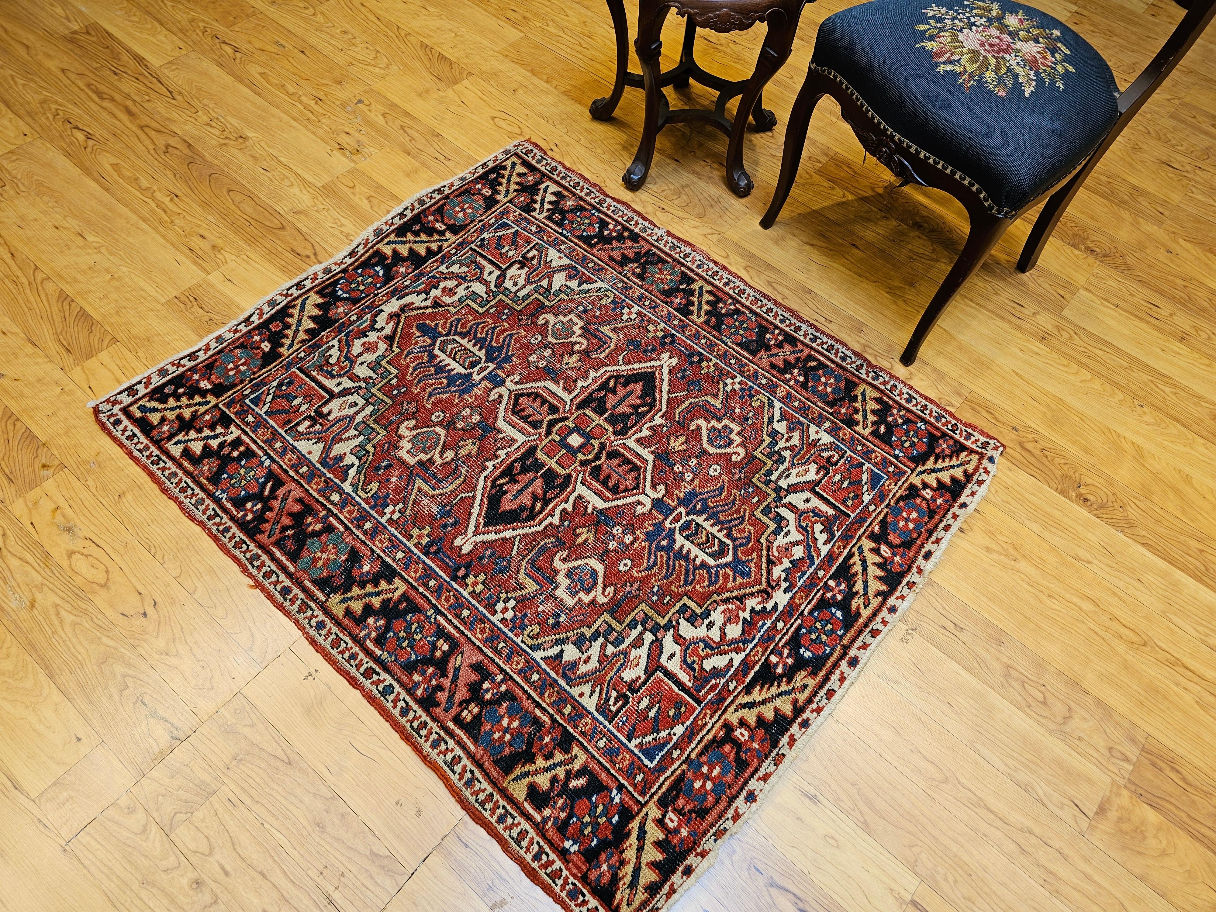 Vintage Persian Heriz Serapi Near Square Area Rug in Green, Blue, Ivory, Red For Sale 8