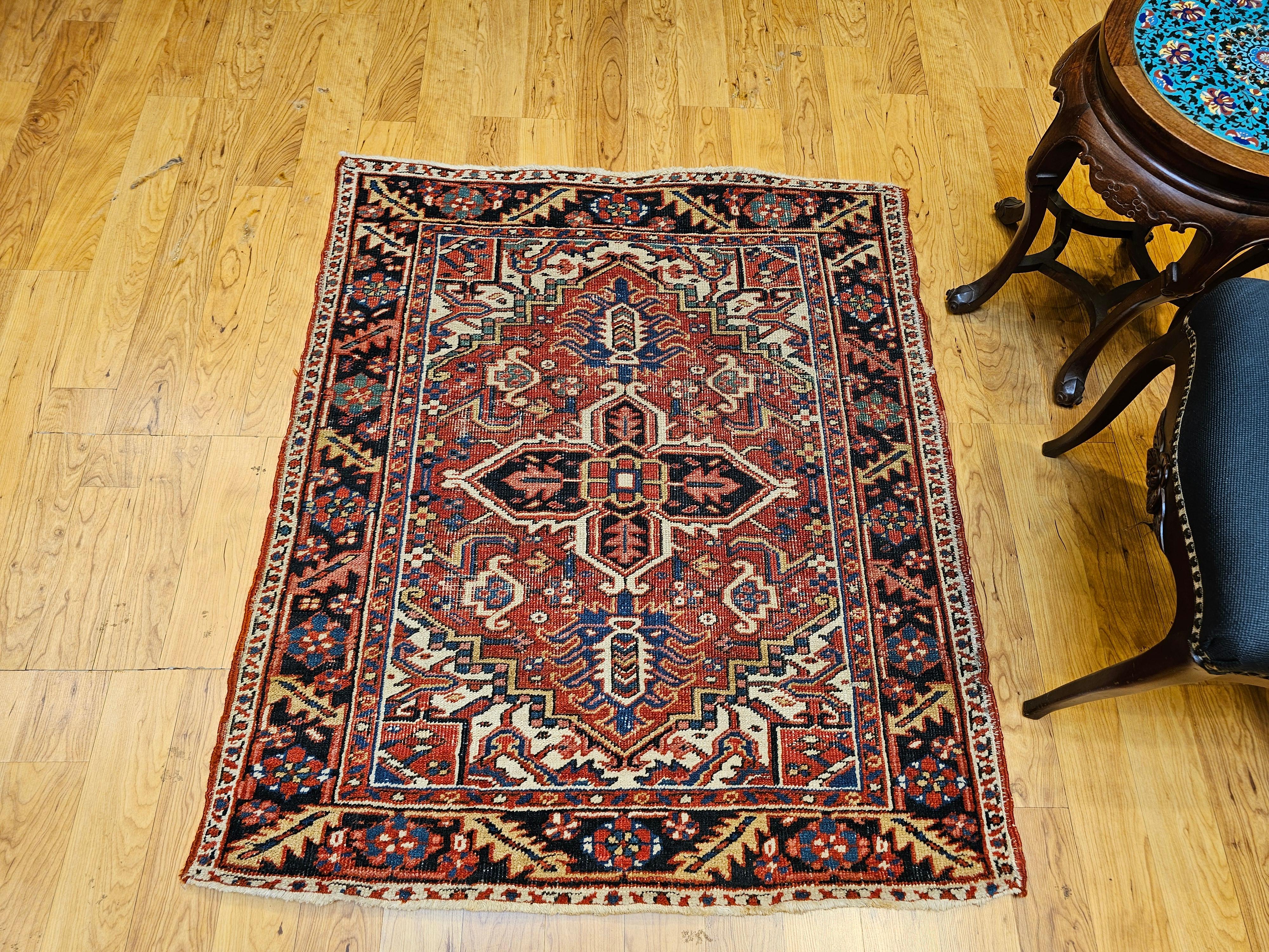 Vintage Persian Heriz Serapi Near Square Area Rug in Green, Blue, Ivory, Red For Sale 9