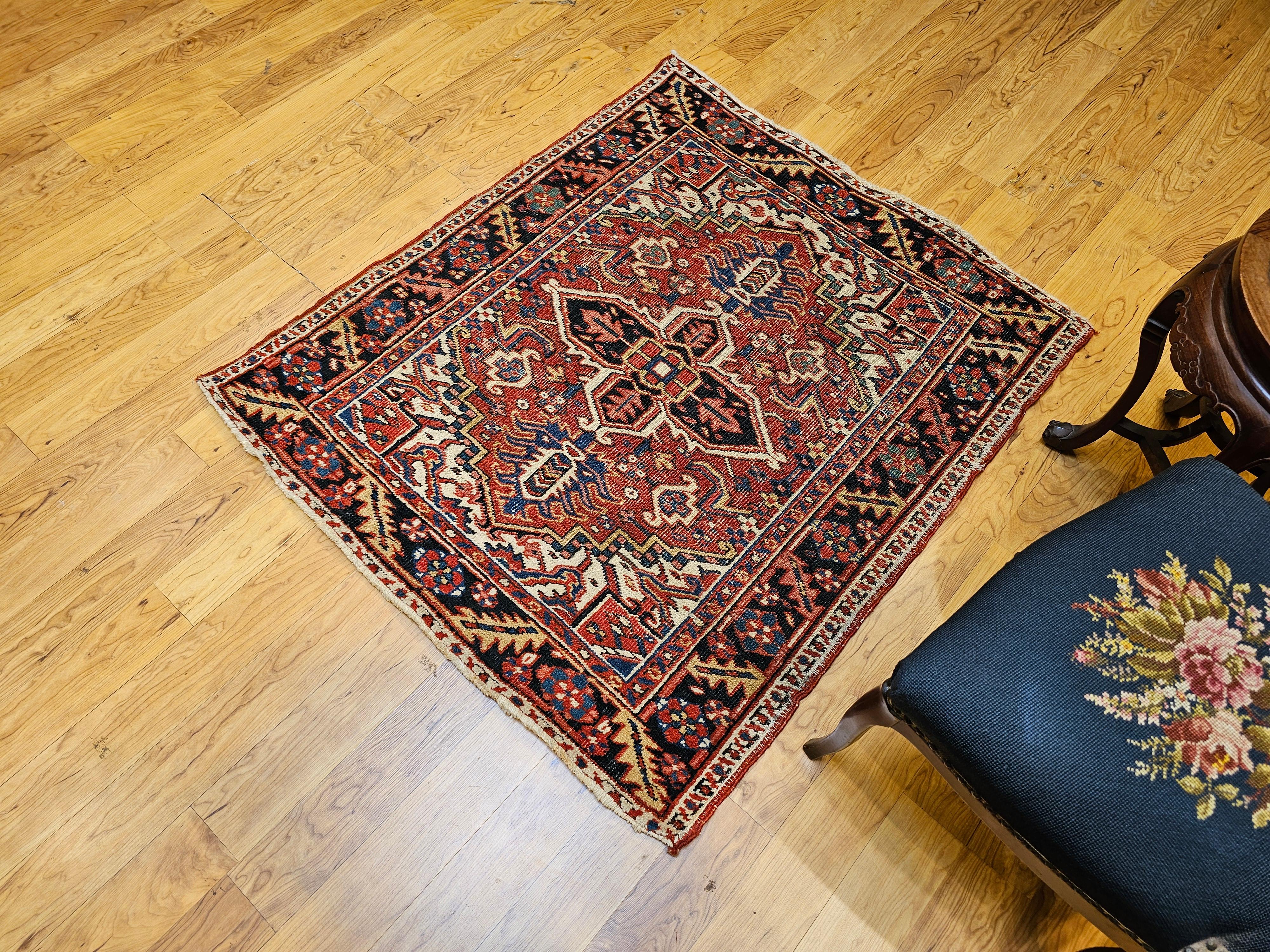 Vintage Persian Heriz Serapi Near Square Area Rug in Green, Blue, Ivory, Red For Sale 10