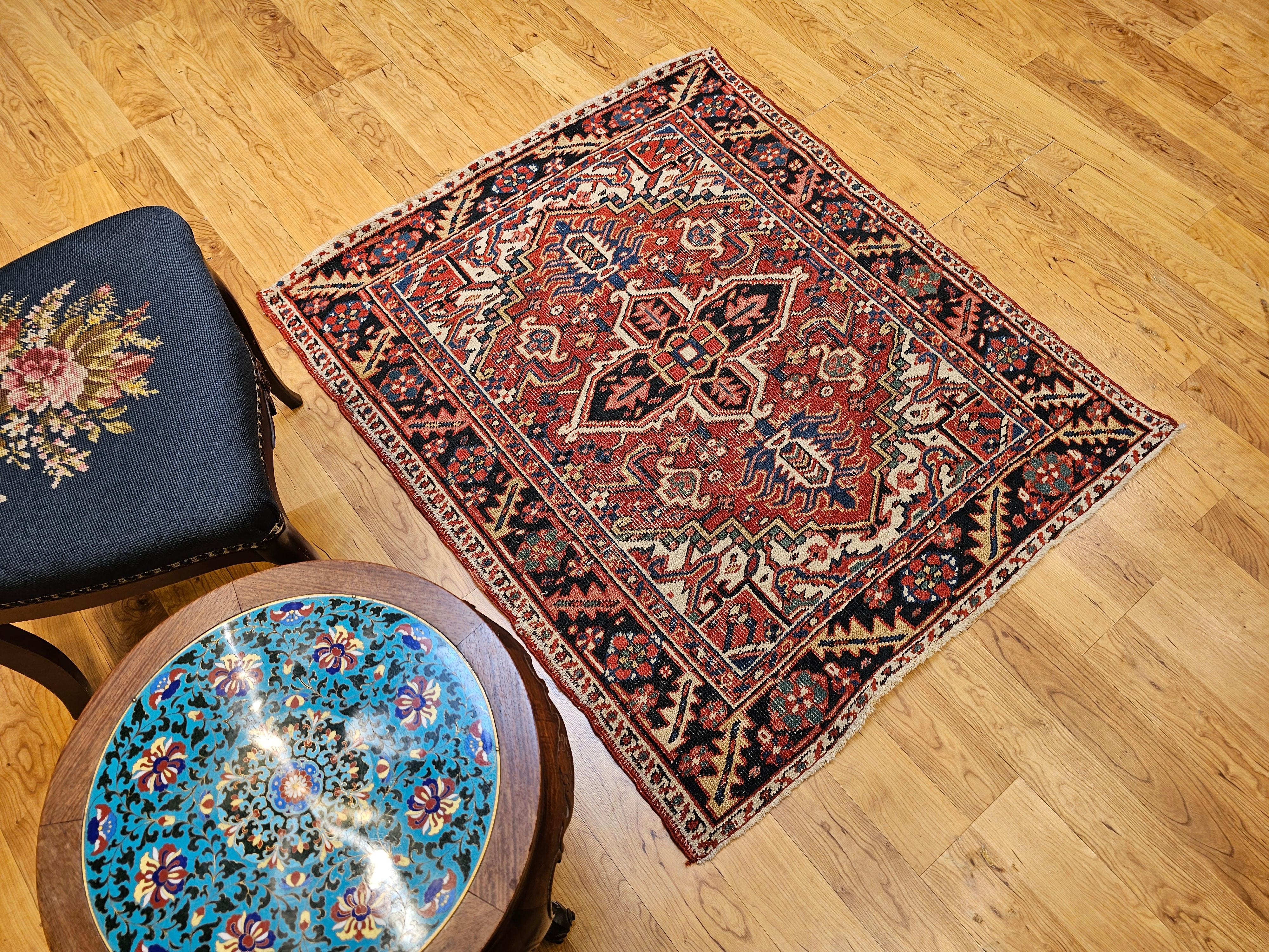 Vintage Persian Heriz Serapi Near Square Area Rug in Green, Blue, Ivory, Red For Sale 12