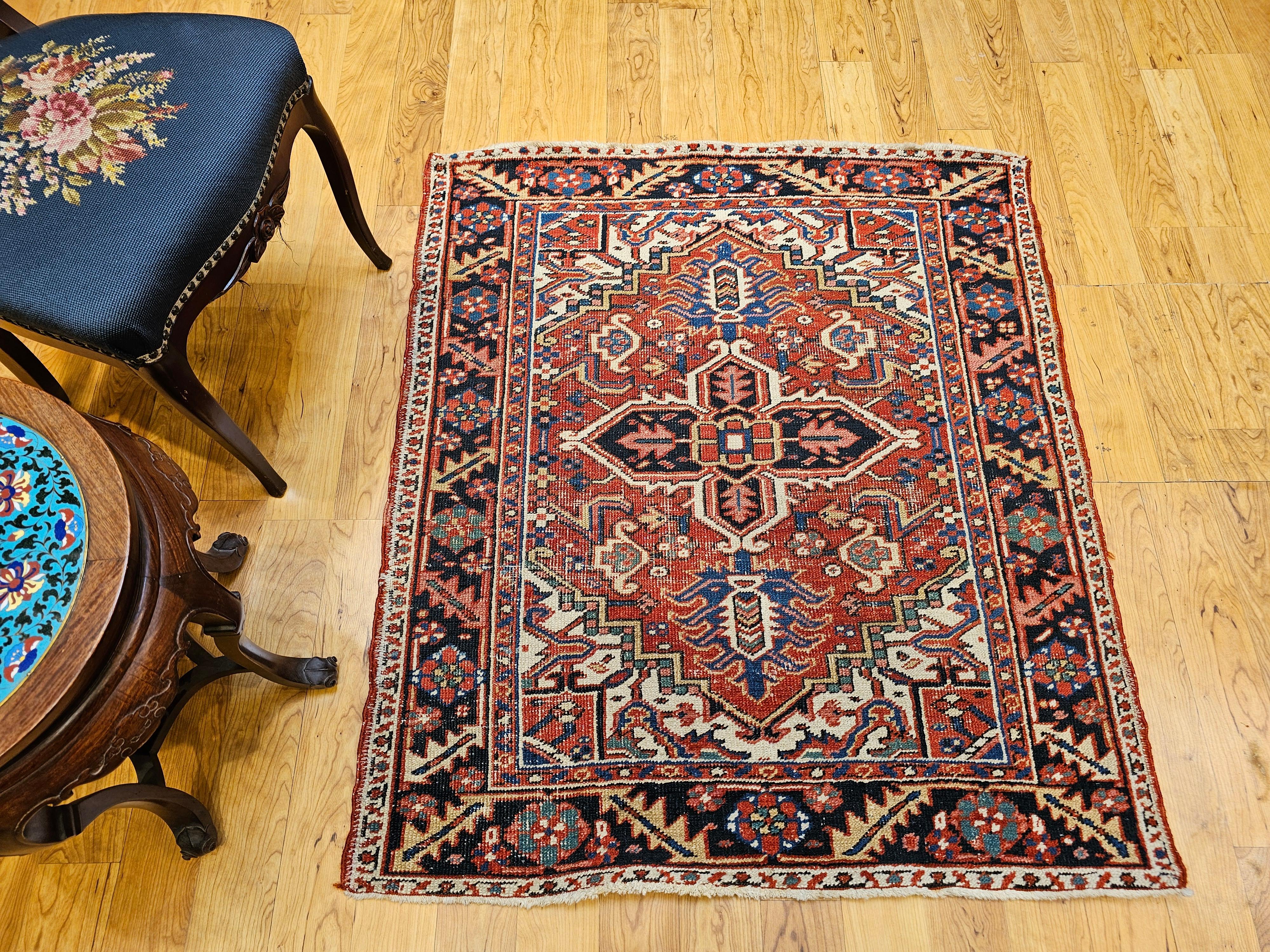 Vintage Persian Heriz Serapi Near Square Area Rug in Green, Blue, Ivory, Red For Sale 13